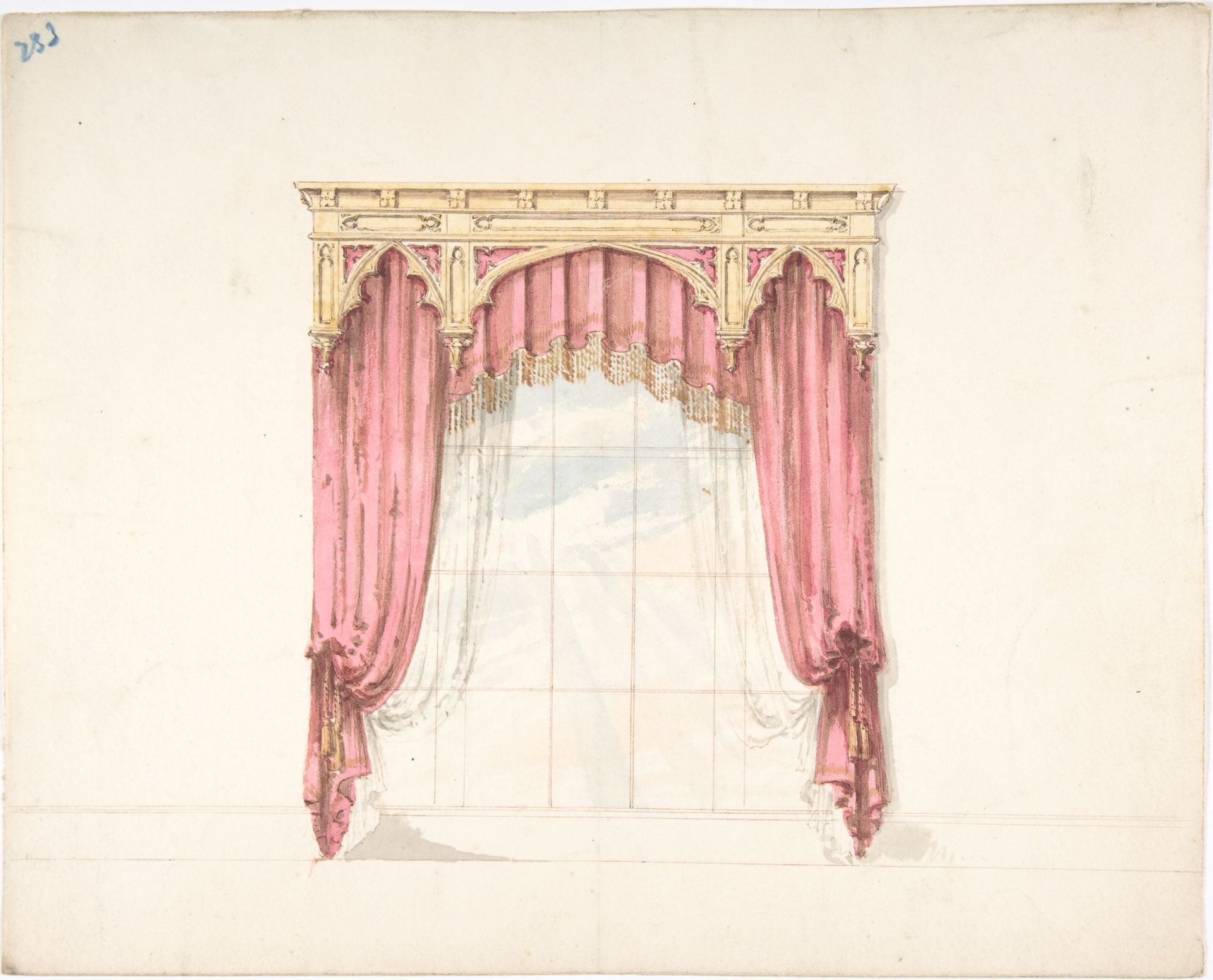 Design for Red Curtains with Gold Fringes and a Gold Gothic Pediment by Anonymous