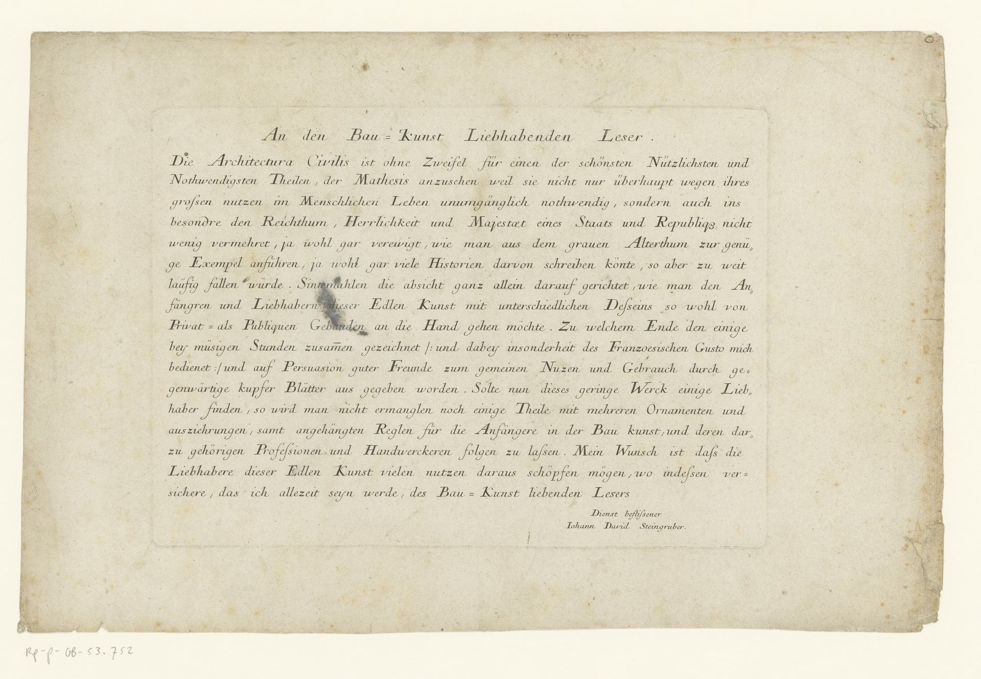 Titelprent voor de serie Architecture Civile by Johann Georg Ringlin