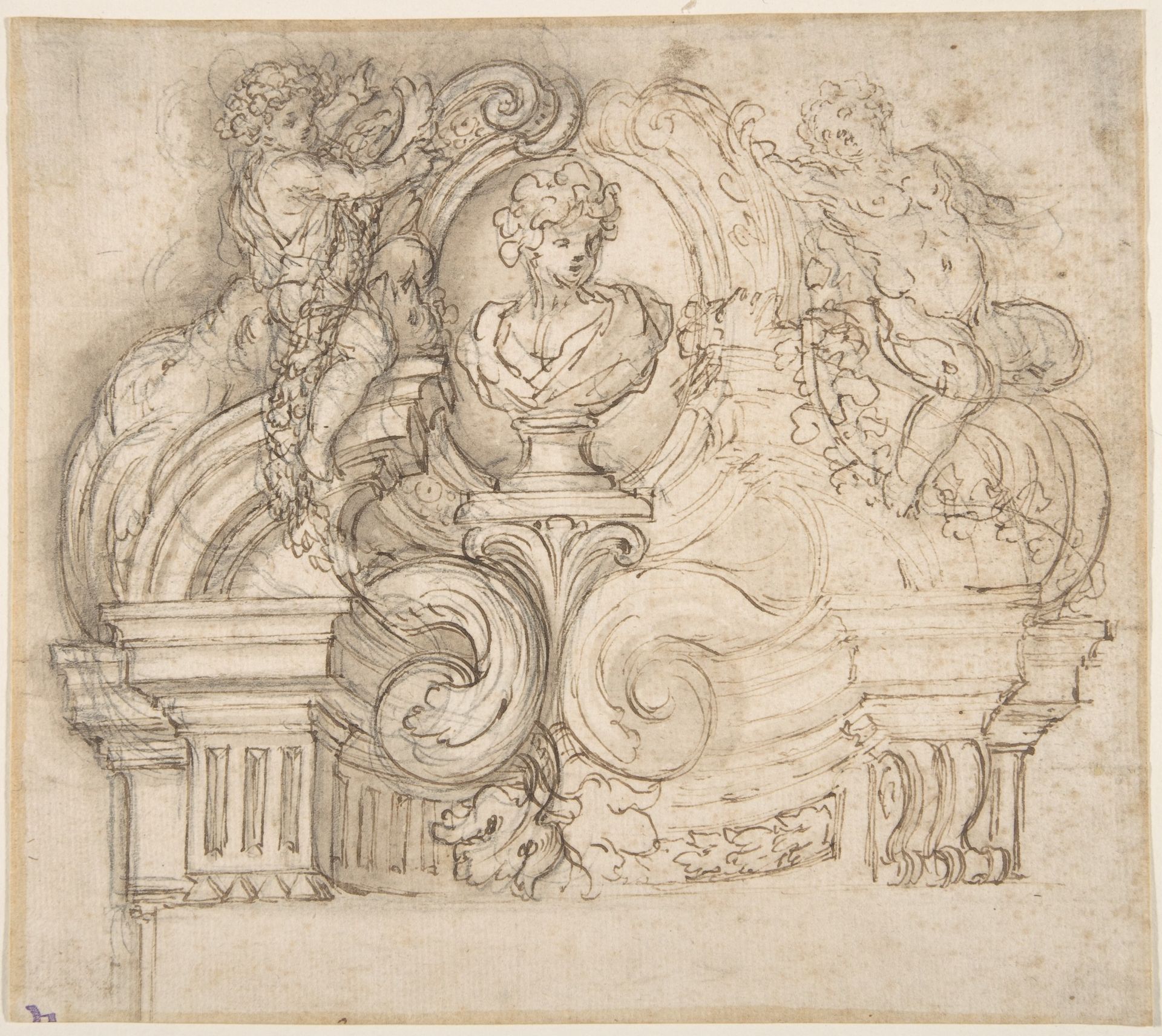 Design for an Overdoor or the Top of a Niche with a Bust and Garland-bearing Putti by Giovanni Battista Foggini