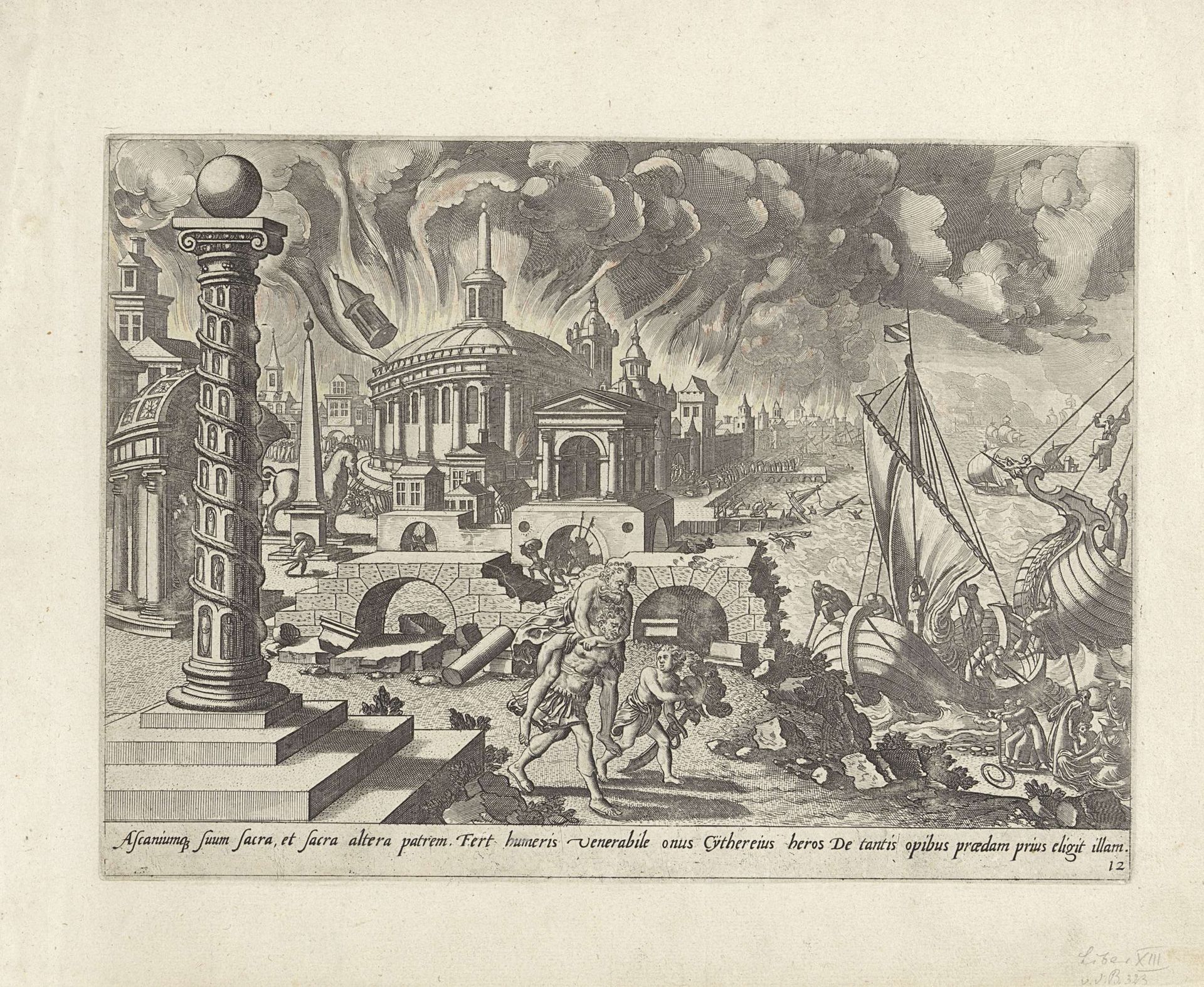 Aeneas redt zijn vader uit het brandende Troje by Johannes of Lucas van Doetechum
