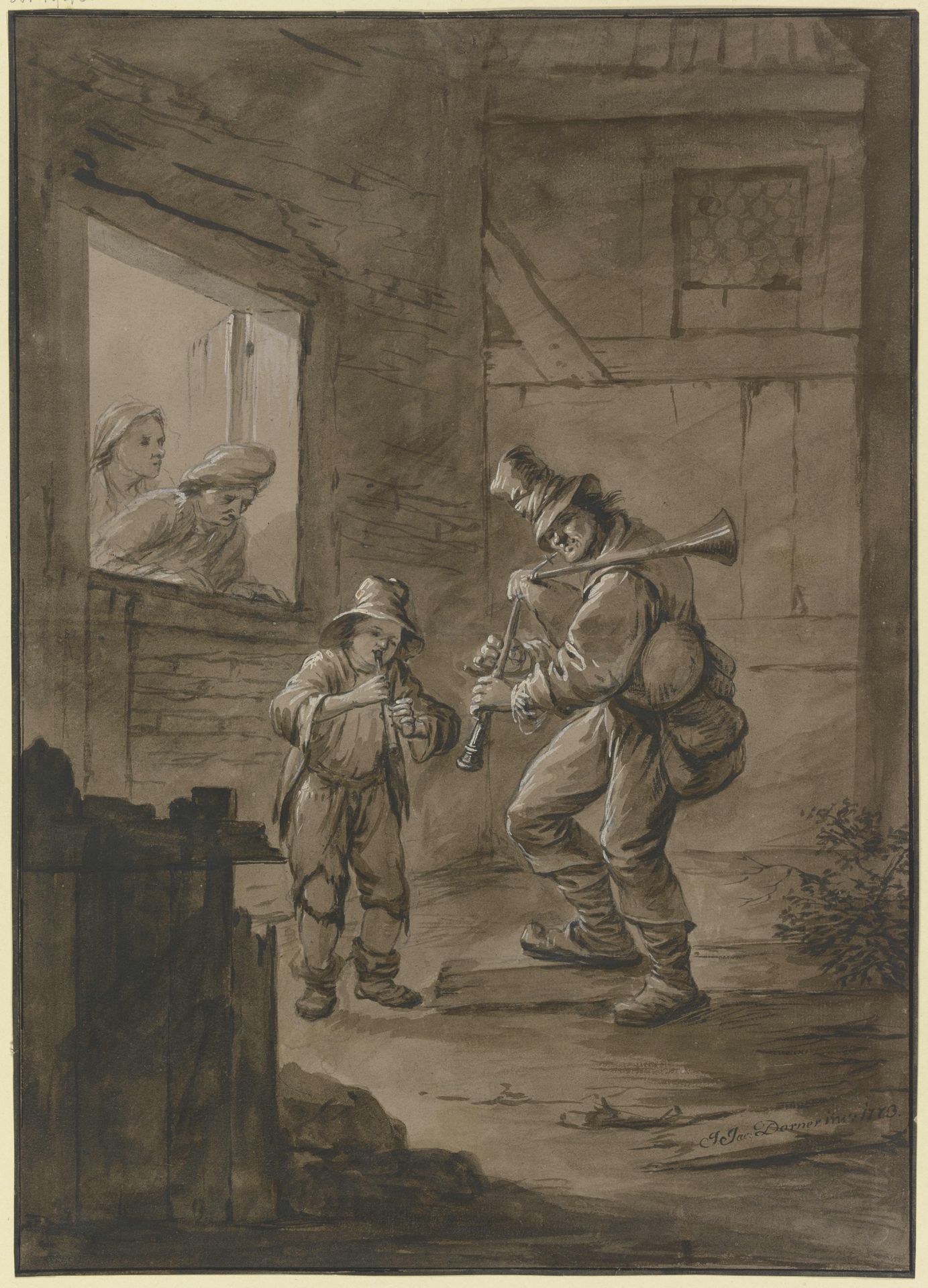 Vor einem Haus stehen ein Dudelsackpfeifer und ein flötender Knabe by Johann Jakob Dorner the Elder