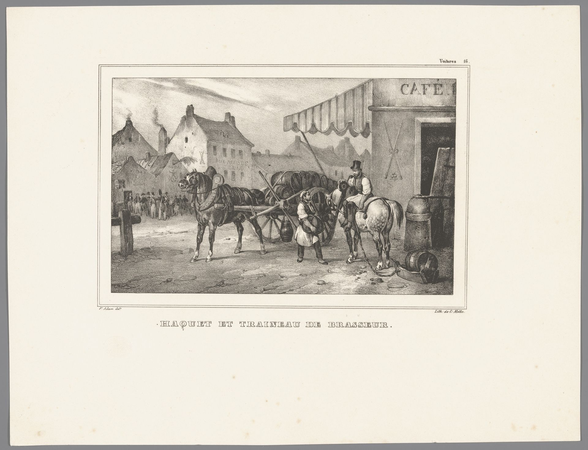 Kar voor het vervoer van vaten en brouwersslede bij een café by Victor Adam