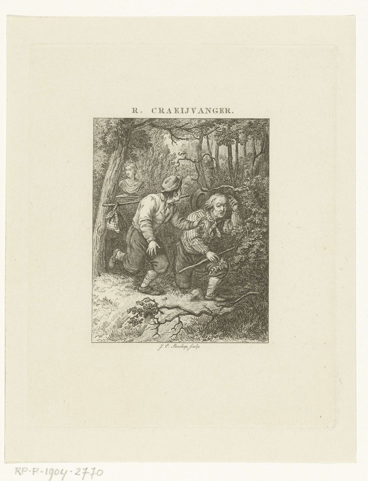 Twee vluchtende mannen in bos by Johannes Christiaan Bendorp
