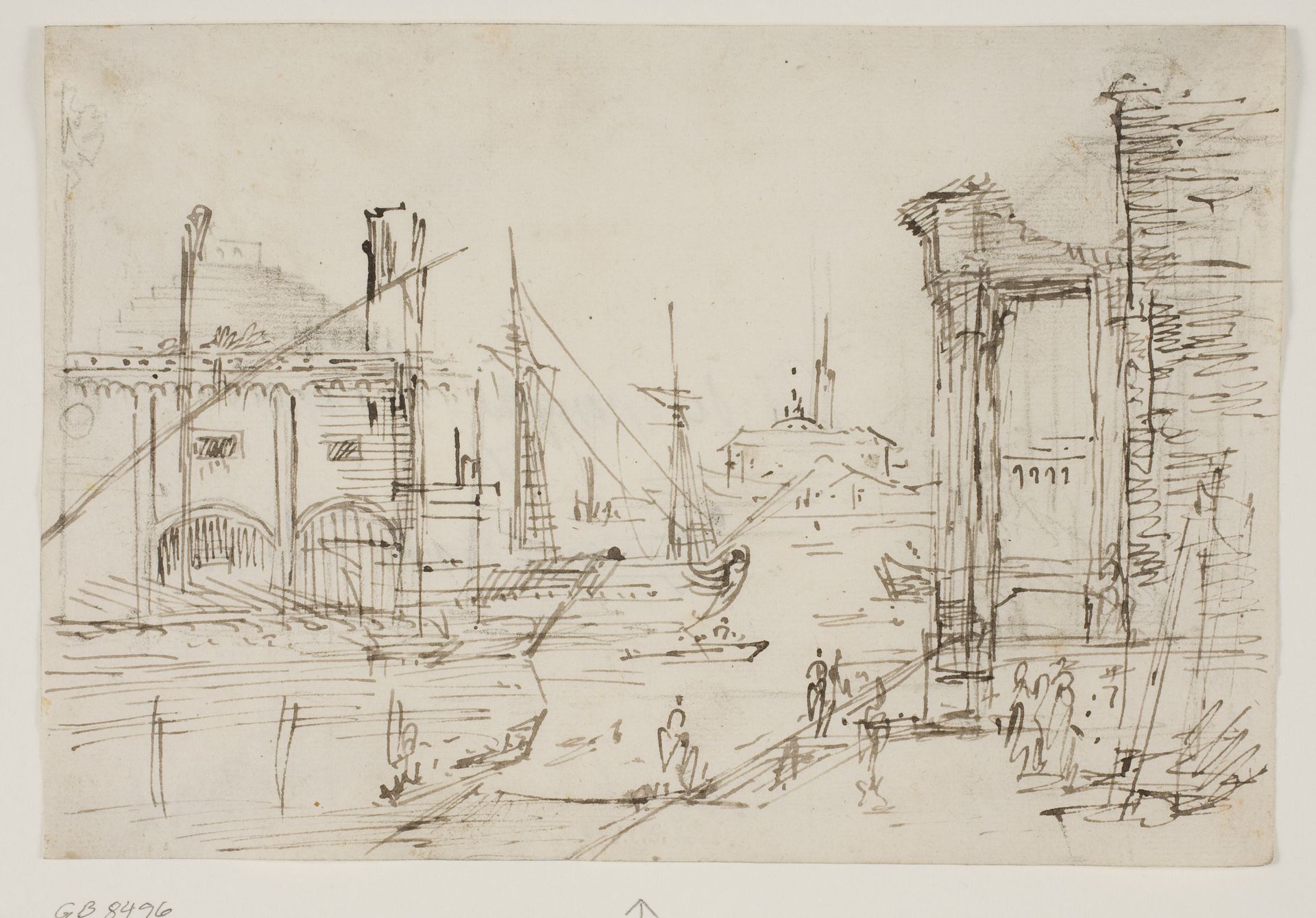 Capriccio with classical ruins on a quay, a boathouse, two galleys, two masts of a sailing ship behind them, a domed church in the background by Anonymous