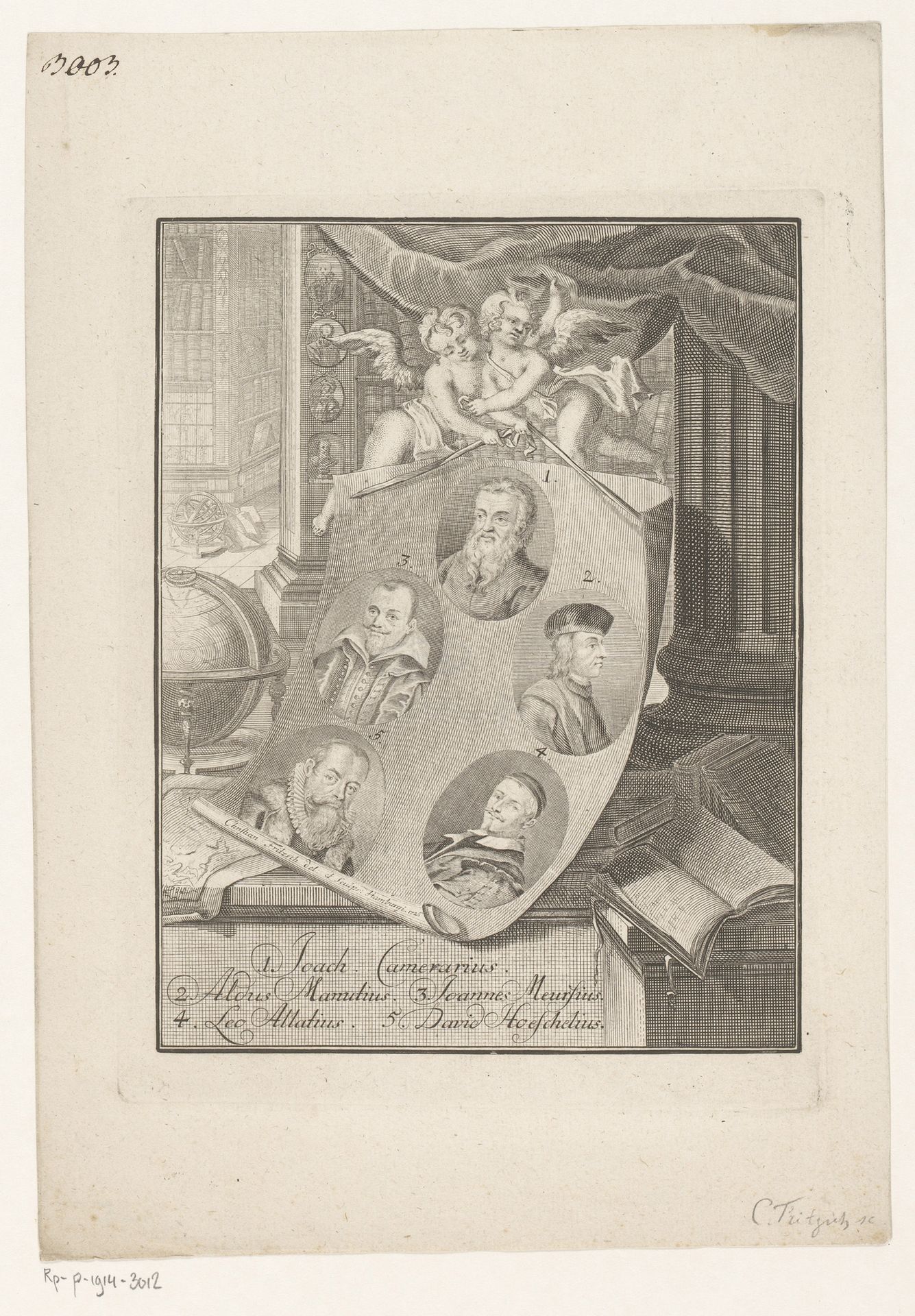 Vijf portretten op een blad, omhoog gehouden door twee putti by Christian Fritzsch