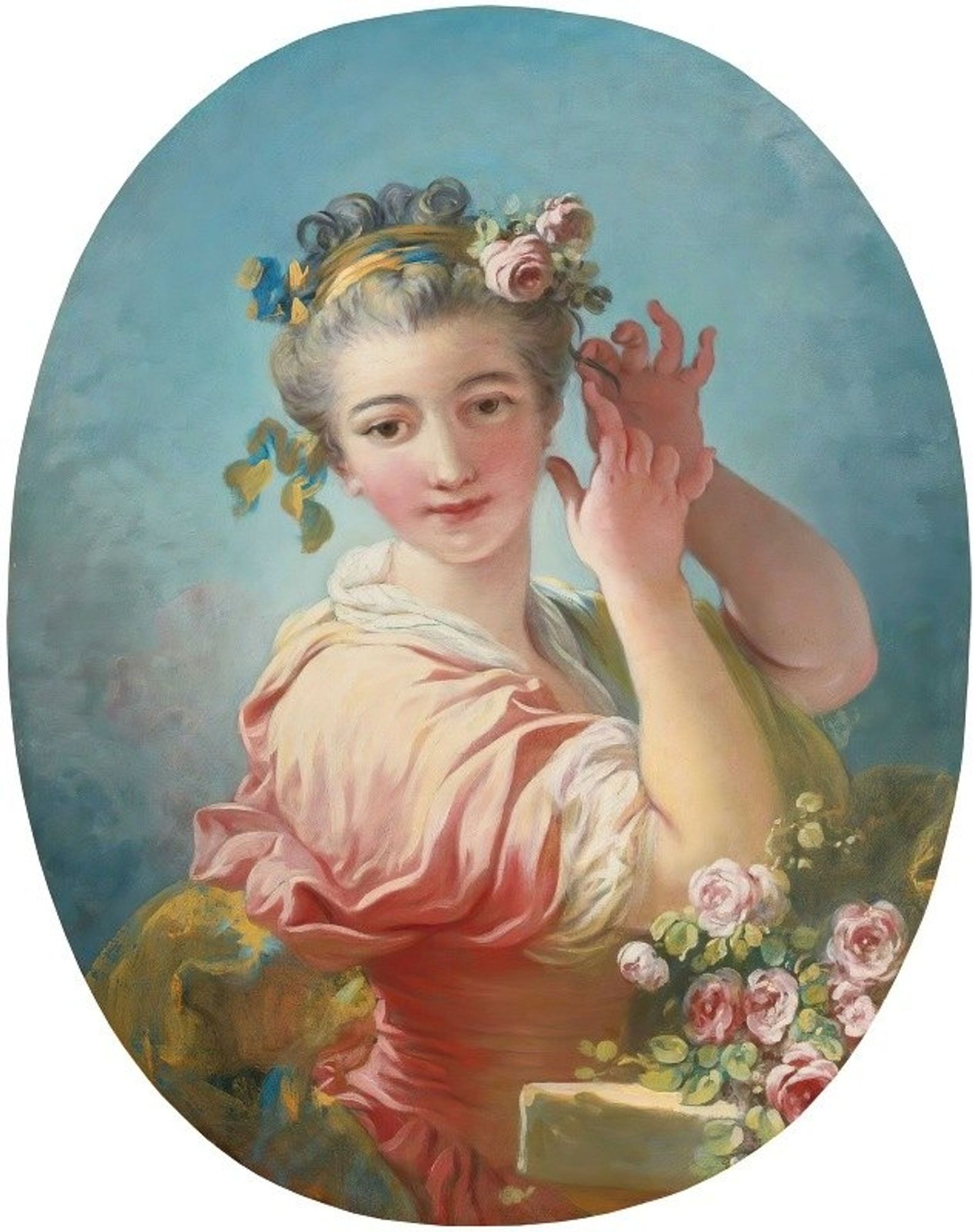 A Young Woman Adorning Her Powdered Coiffure With a Spray of Roses by Jean-Honoré Fragonard