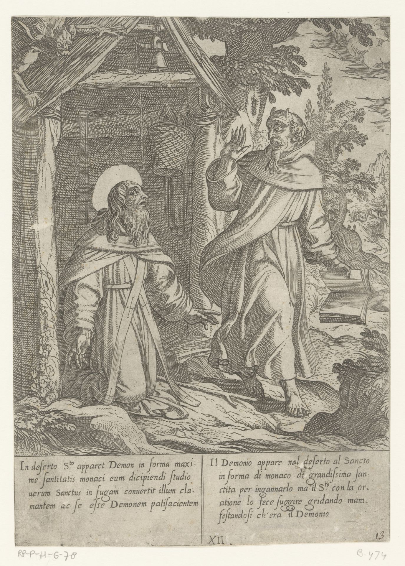 H. Antonius in de wildernis bezocht door de duivel in monnikspij by Antonio Tempesta
