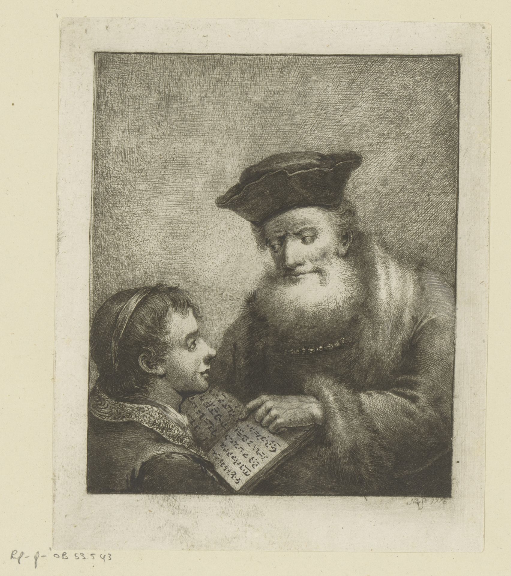 Oude man wijst jongen bij in Hebreeuwse tekst by Johann Andreas Benjamin Nothnagel