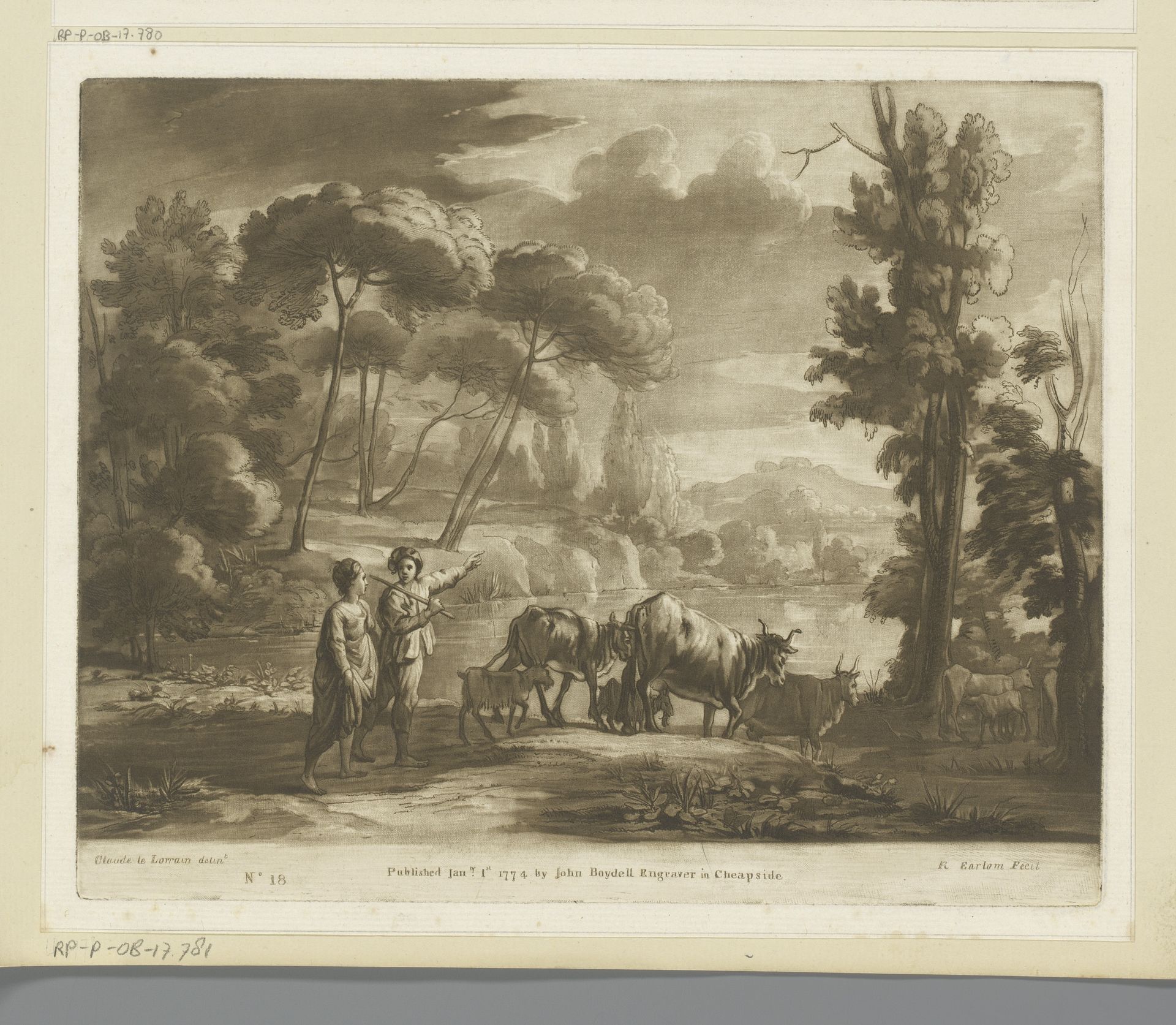 Landschap met meer en twee herders met vee by Richard Earlom