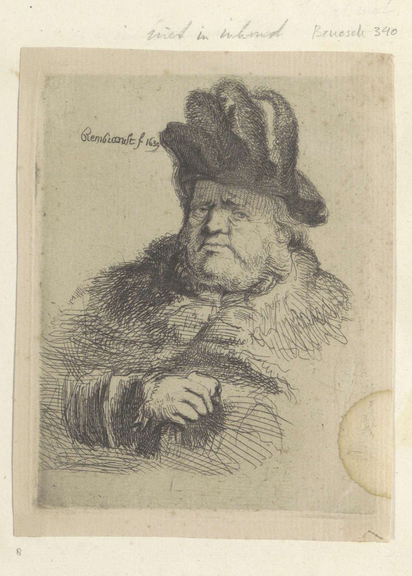 Zittende zware man met hoge muts by Anonymous