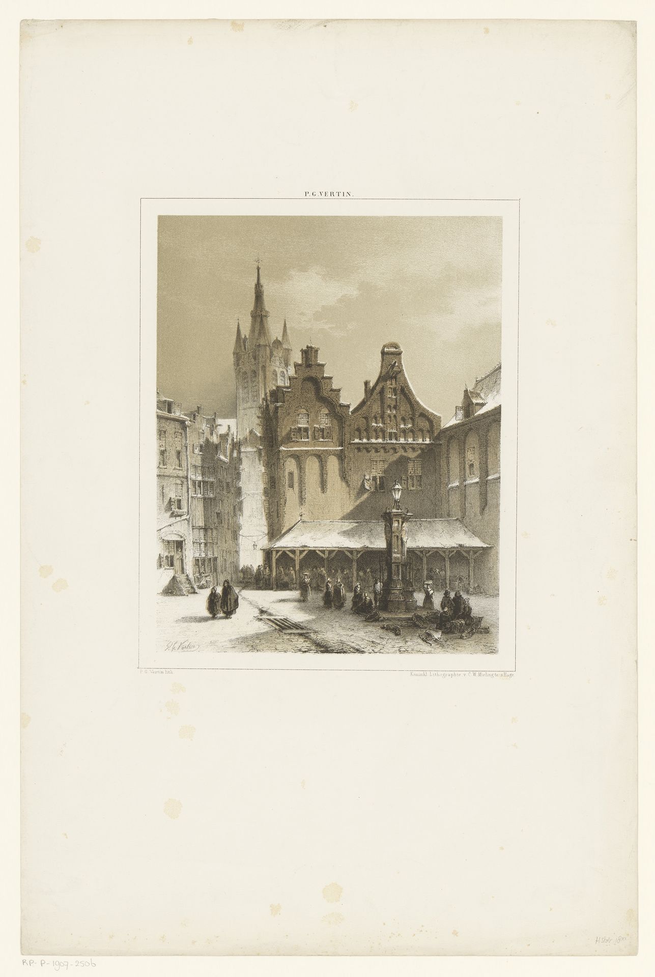 Plein met markt en waterpomp by Petrus Gerardus Vertin