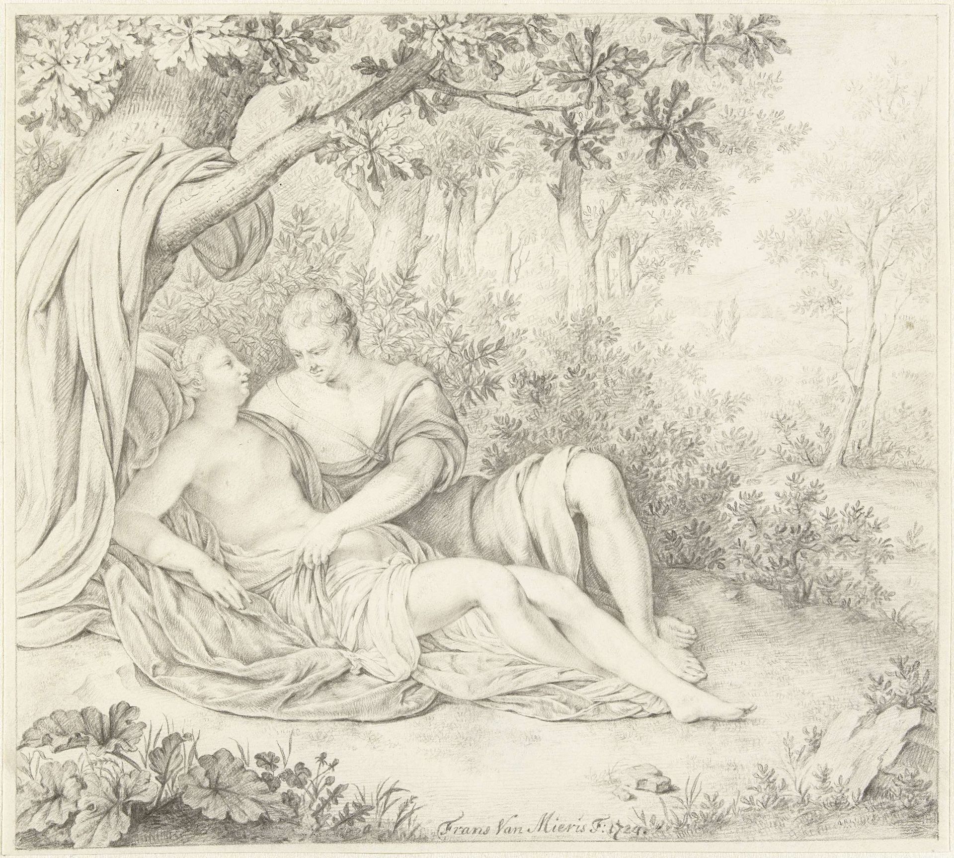 Liefdespaar onder boom by Frans van (II) Mieris