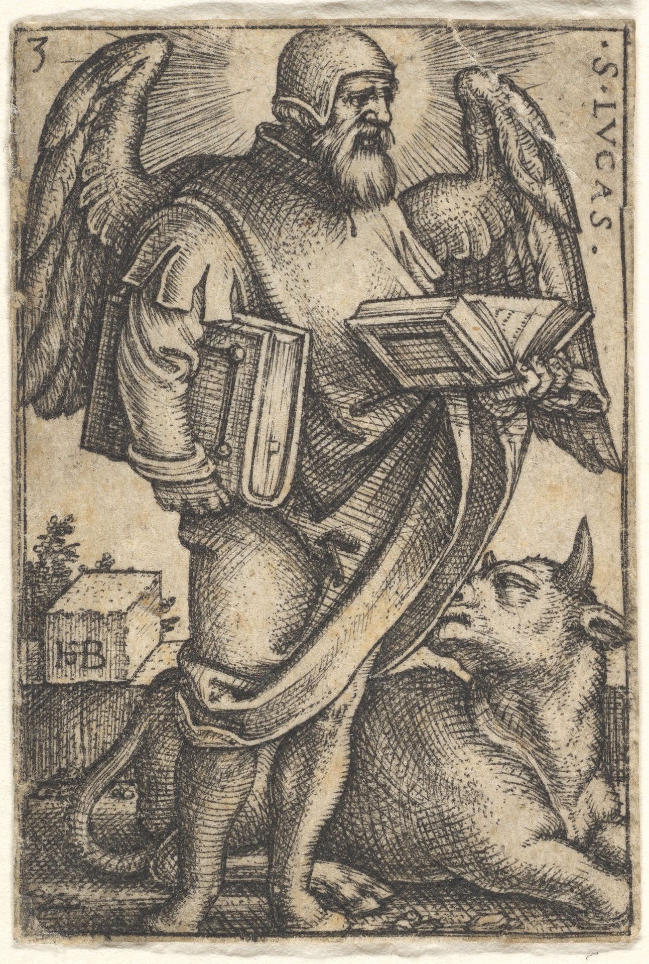 Plate 3: Saint Luke with his head turned in profile to the right, a book in each hand, a bull at his feet, from 'The four evangelists' by Sebald Beham