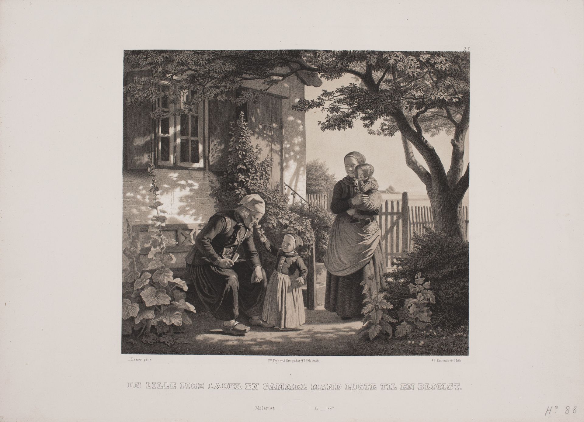 En lille pige lader en gammel mand lugte til en blomst by Adolph Kittendorff