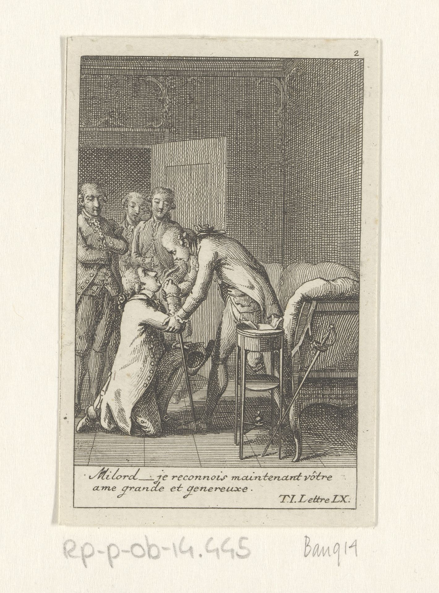 Lord Bomston op zijn knieën voor St. Preux by Daniel Nikolaus Chodowiecki