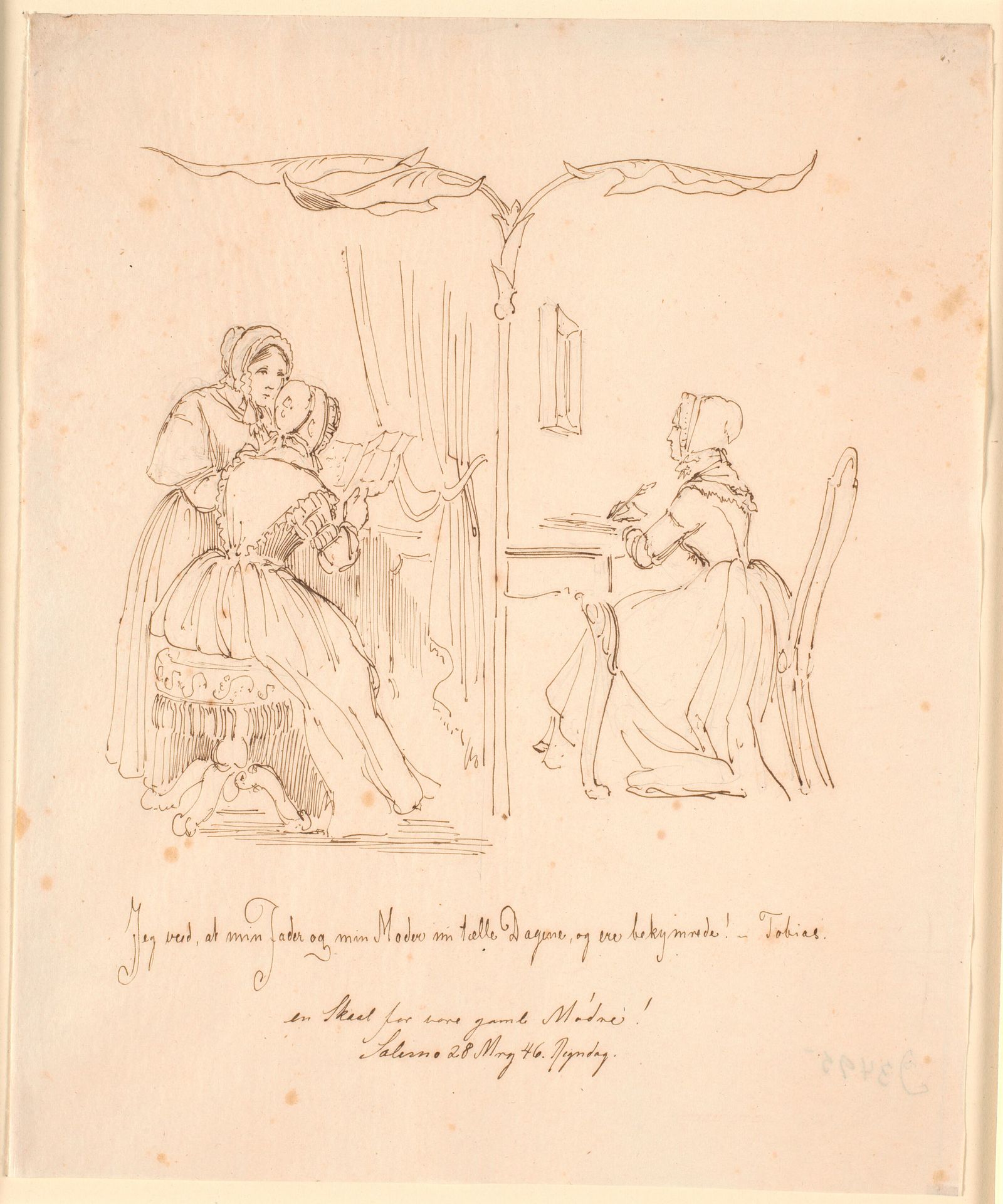 Tvedelt fremstilling med t.v. to brevlæsende damer, t.h. en brevskrivende dame by Johan Thomas Lundbye