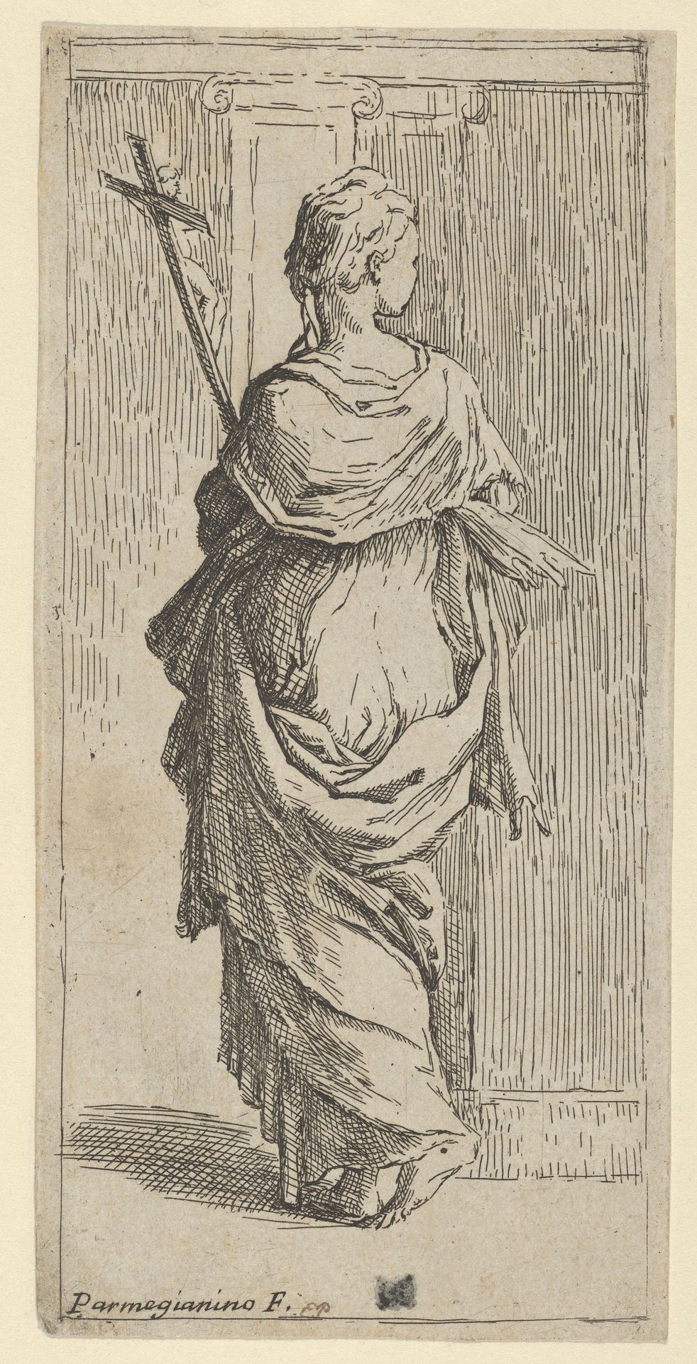 Girl carrying a crucifix and stepping toward a pilaster, seen from behind by Guido Reni
