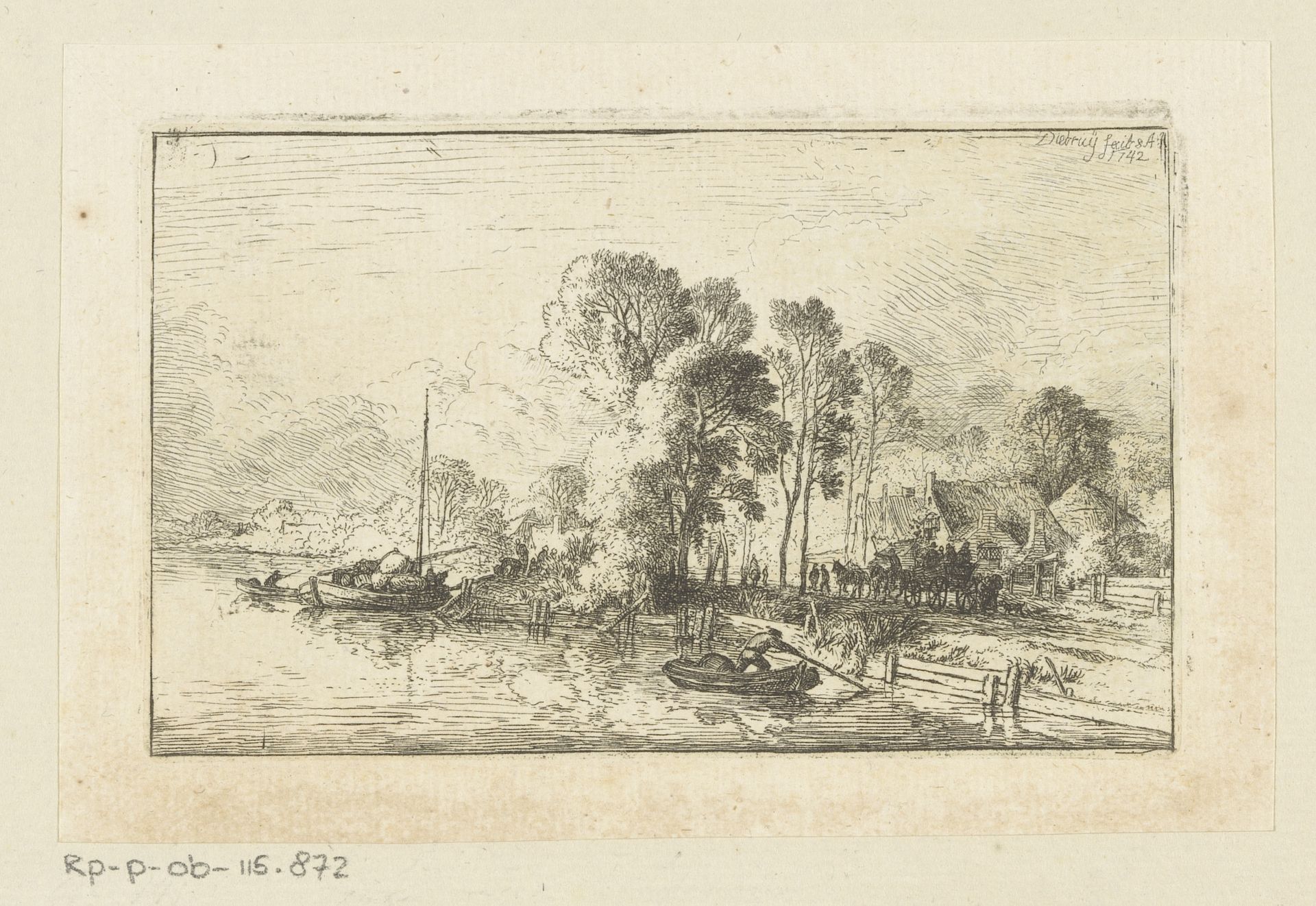 Landschap met boerderijen, gezien vanaf het water by Christian Wilhelm Ernst Dietrich
