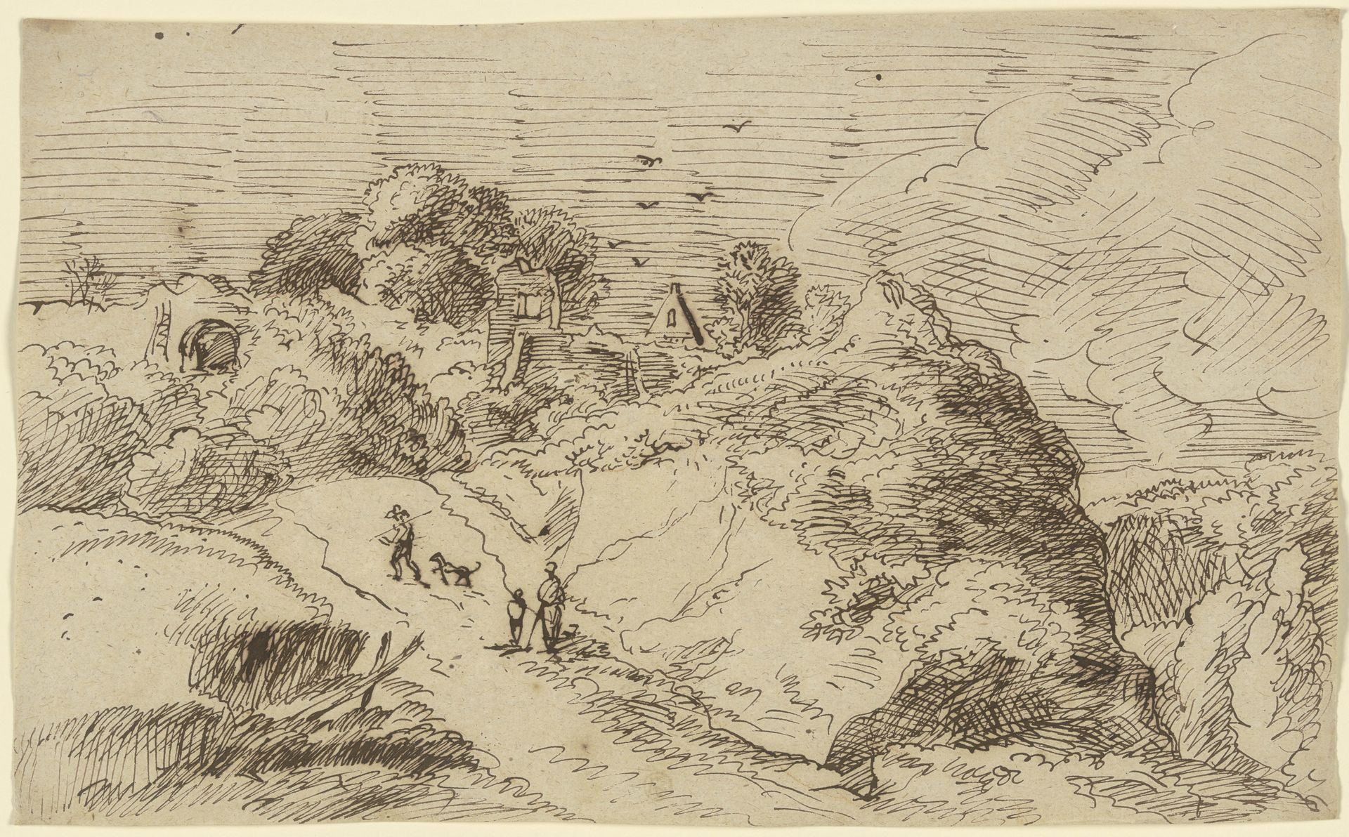 Hügelige Landschaft mit der Ruine eines Hauses by Franz Kobell