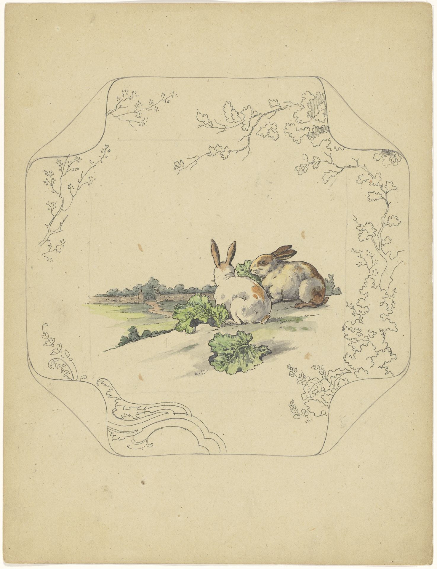 Ontwerp voor bord van het model ‘Square’ met twee konijnen by Albert-Louis Dammouse