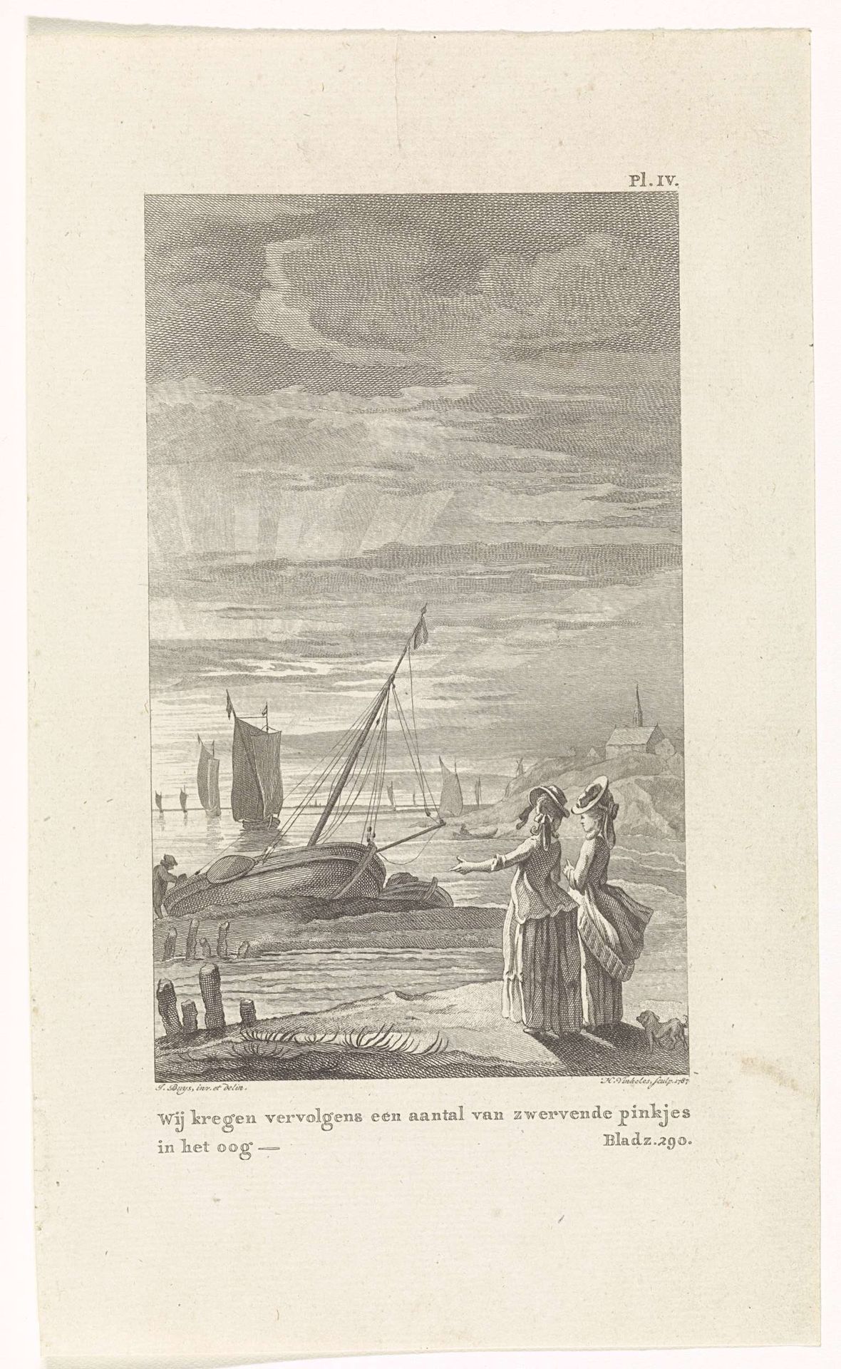 Twee vrouwen bij een kust met schepen by Harmanus Vinkeles