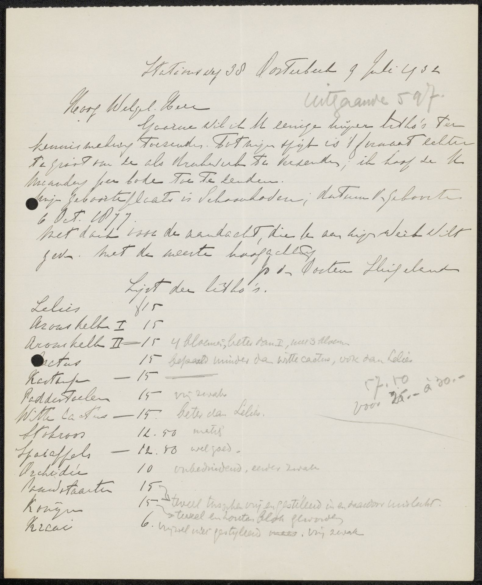 Brief aan jonkheer Hendrik Teding van Berkhout (1879-1969) by Jo van Oosten Slingeland
