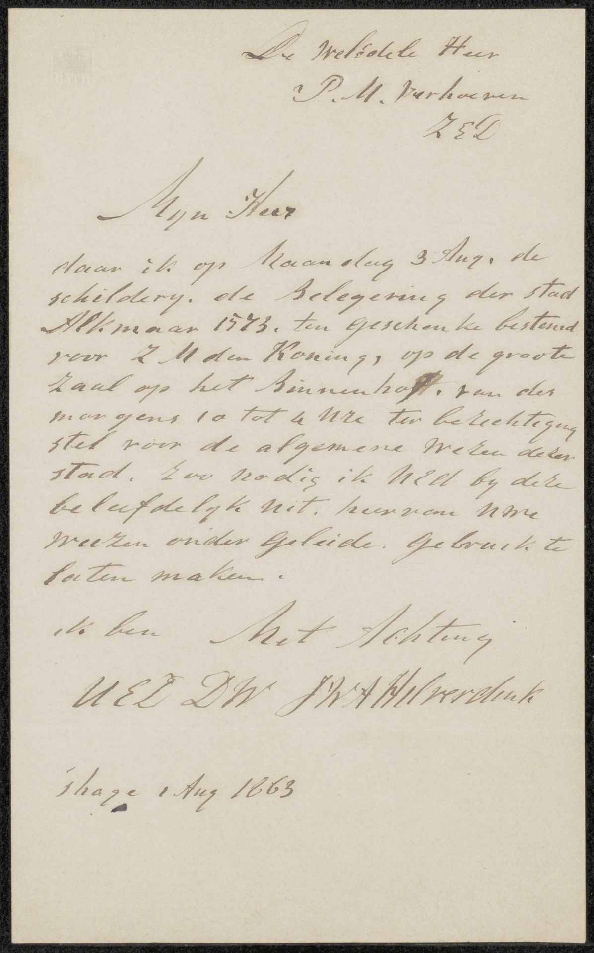 Brief aan de heer P.M. Verhoeven by Jacobus Wilhelmus Adrianus Hilverdink