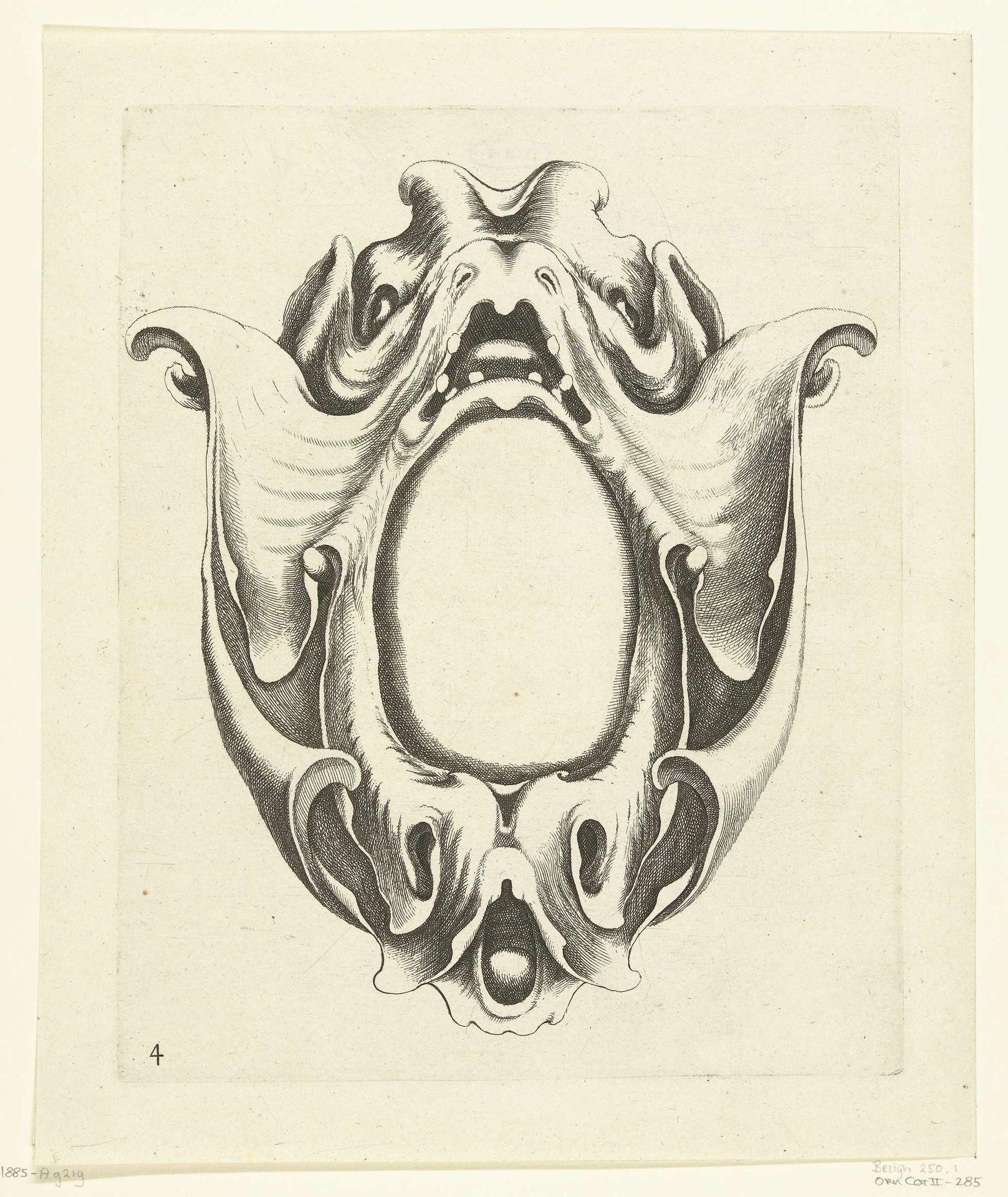 Cartouche met masker met gapende bek by Jacob Lutma