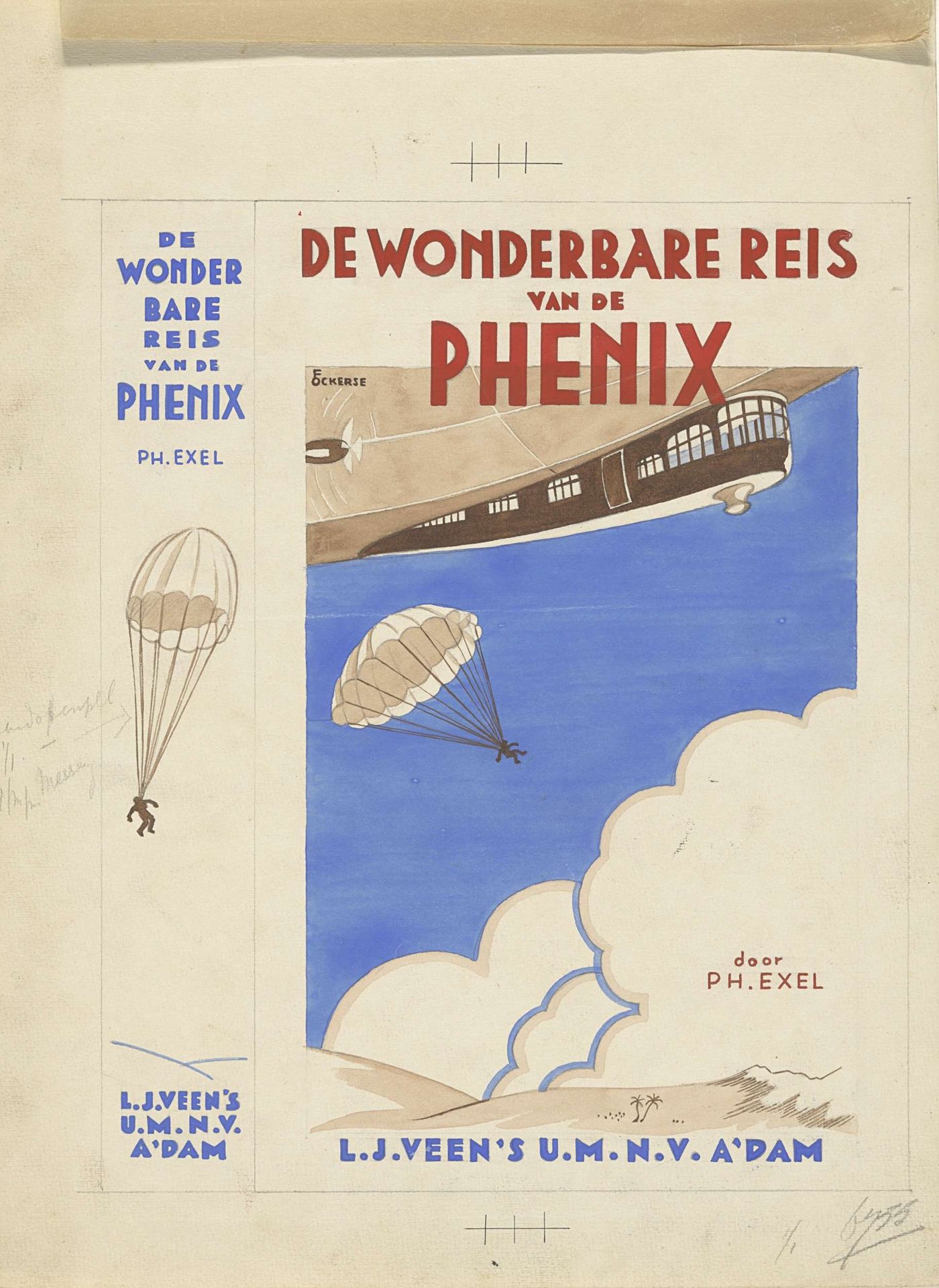 Bandontwerp voor: Philipp Exel, De wonderbare reis van de Phenix, 1934 by F. Ockerse
