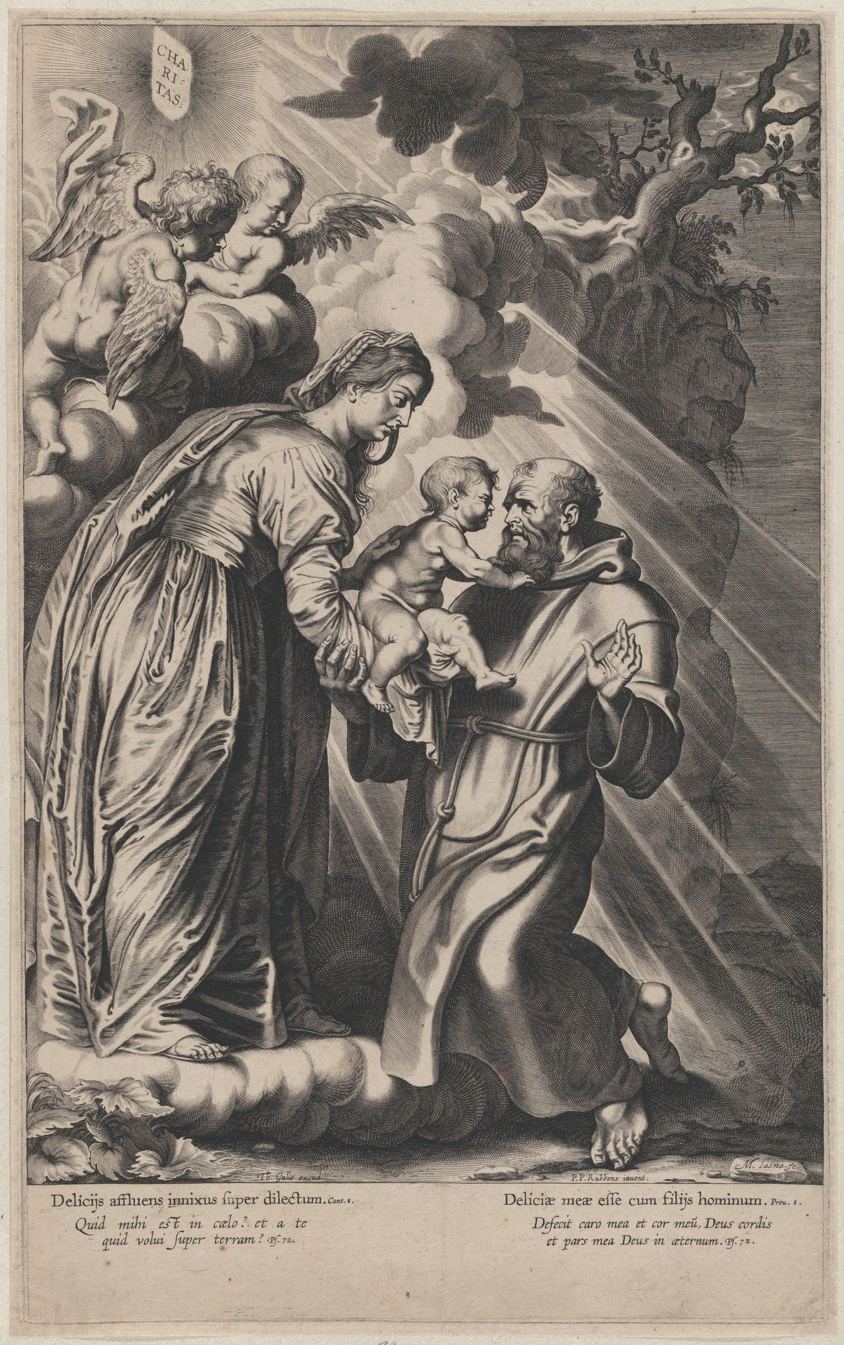 The Vision of Saint Francis, kneeling at right, receiving the Christ child from the Virgin Mary by Michel Lasne