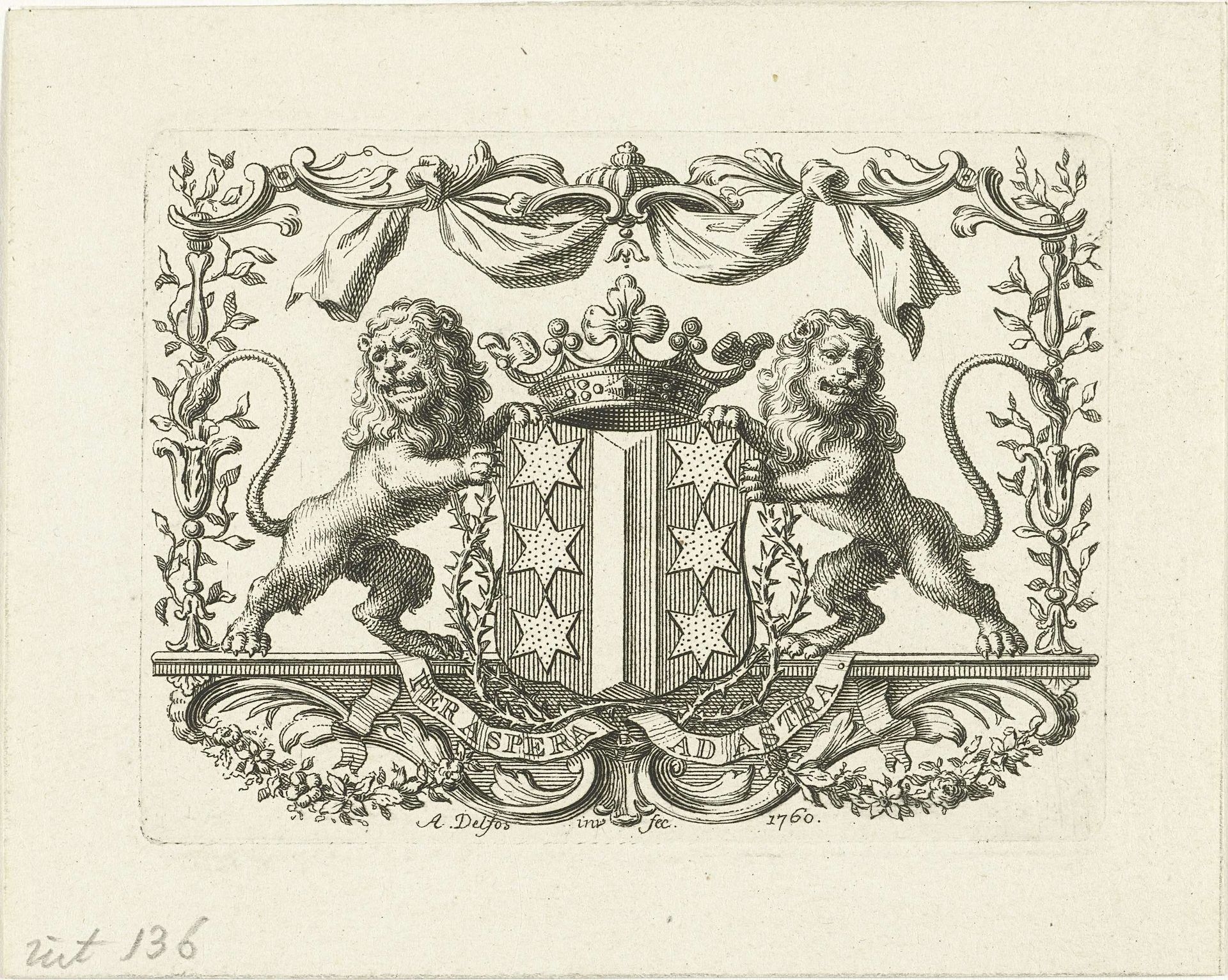 Wapen vastgehouden door twee leeuwen by Abraham Delfos