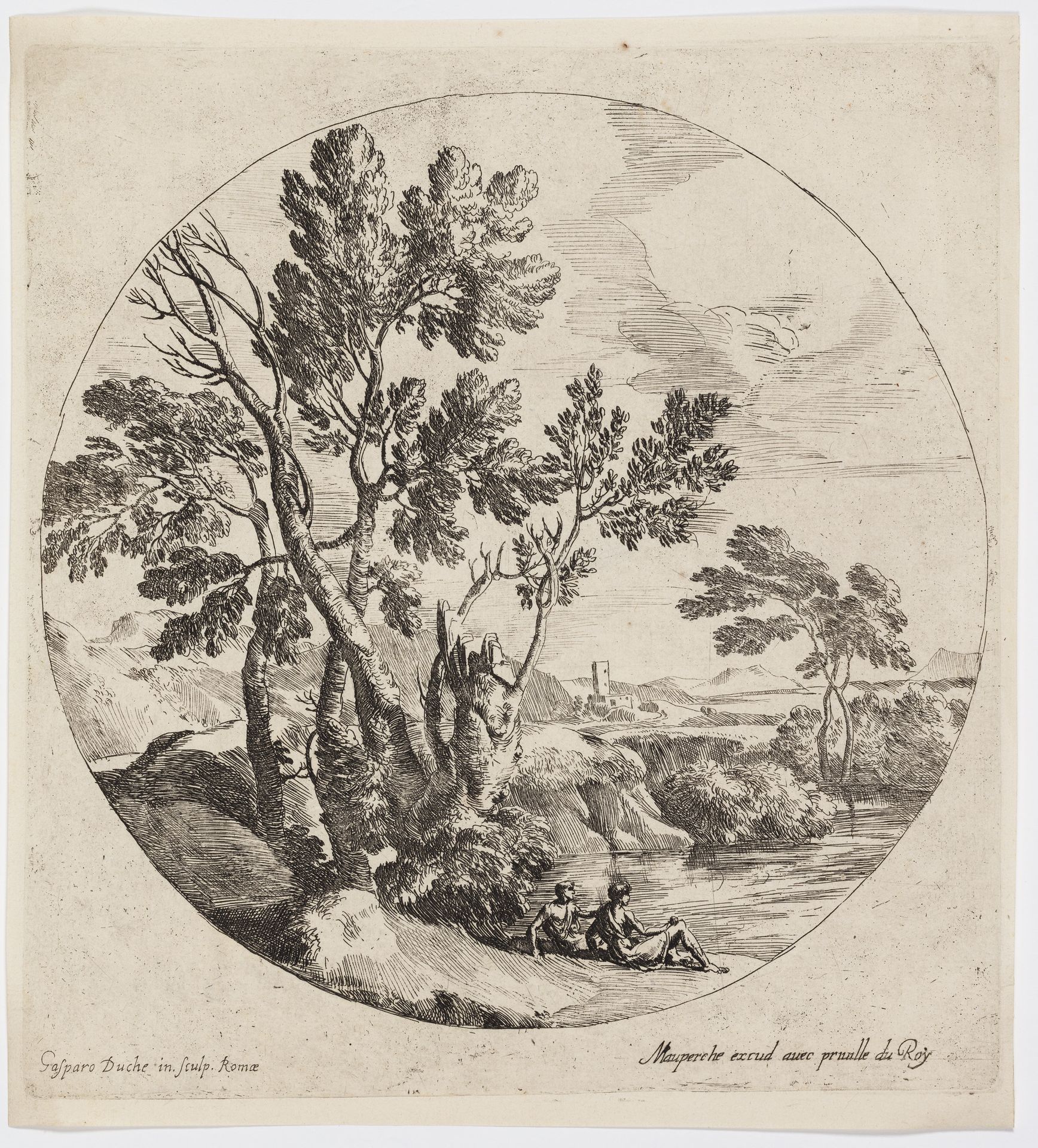 Landskab med to mænd siddende ved en flod by Gaspard Dughet