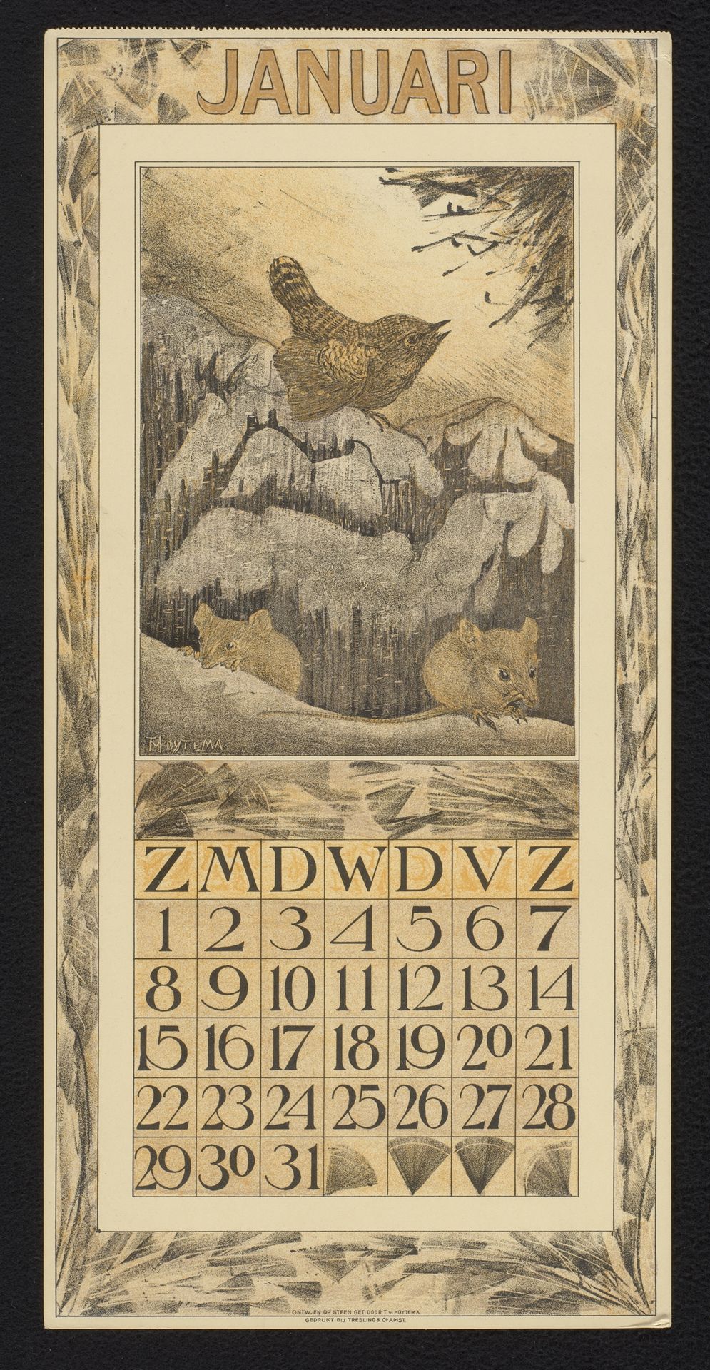 Kalenderblad voor januari 1911 met winterkoning en muizen by Theo van Hoytema