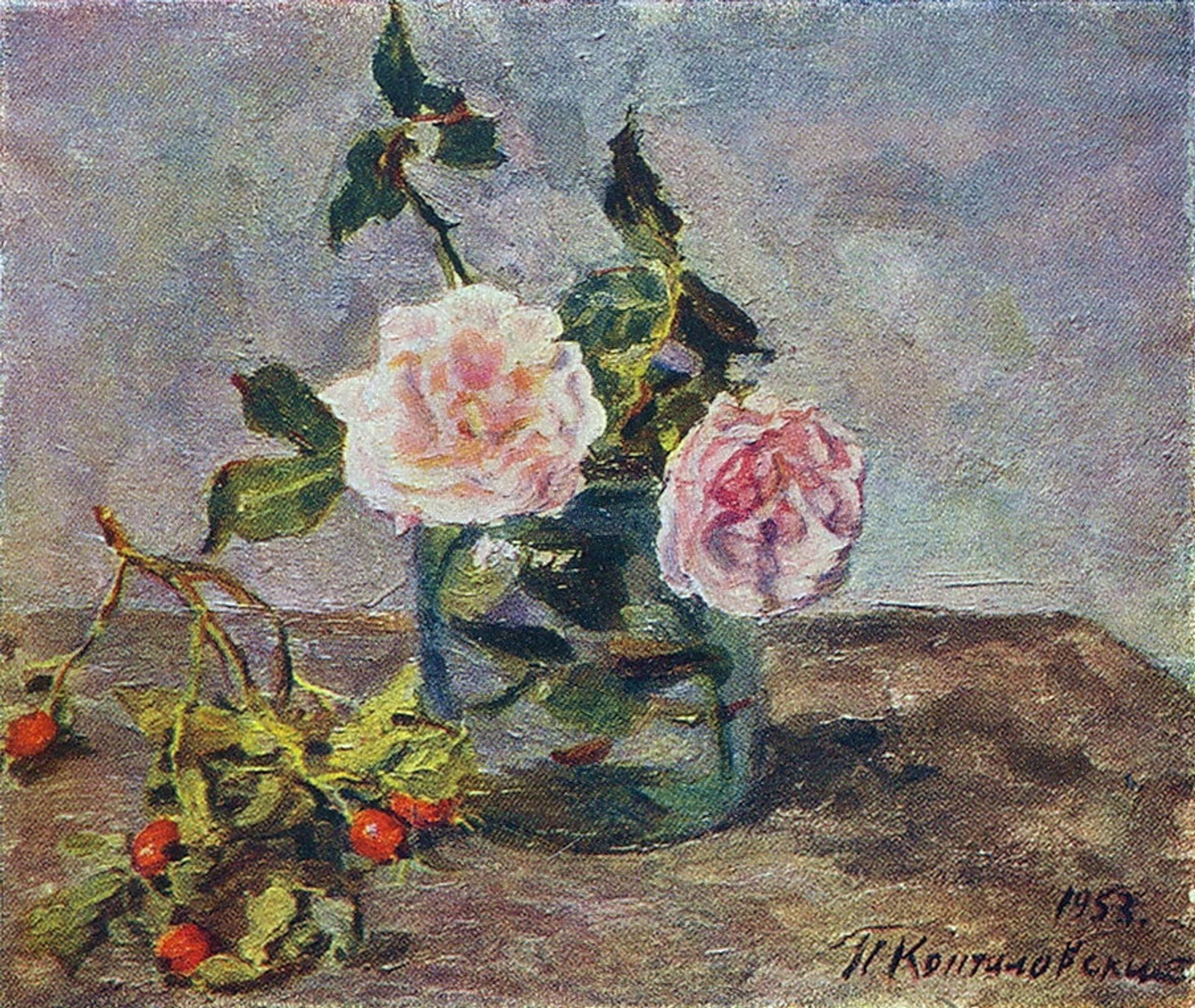 Two roses and dogrose berries by Pyotr Konchalovsky