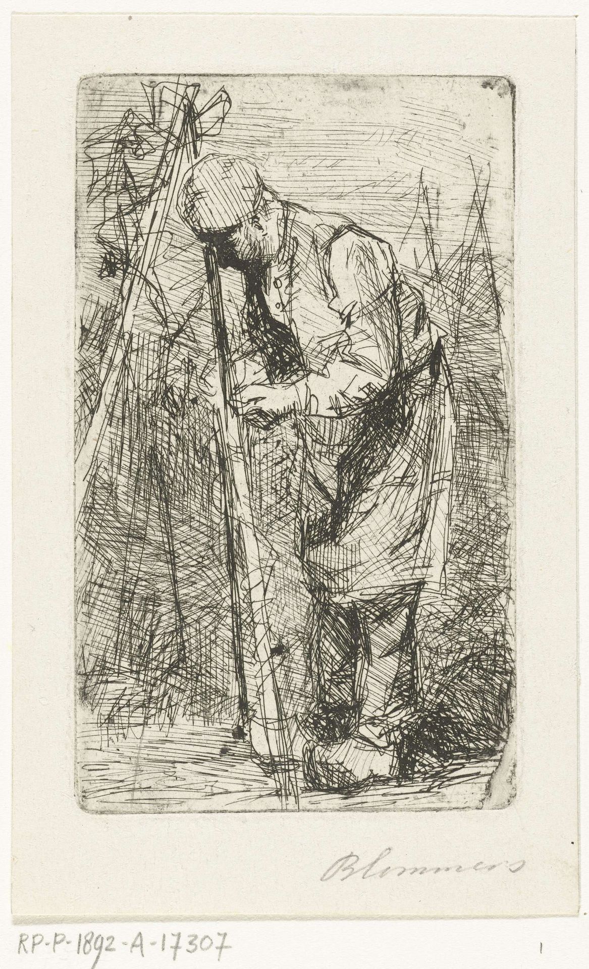 Man bindt bonenstaken in groententuin by Bernardus Johannes Blommers