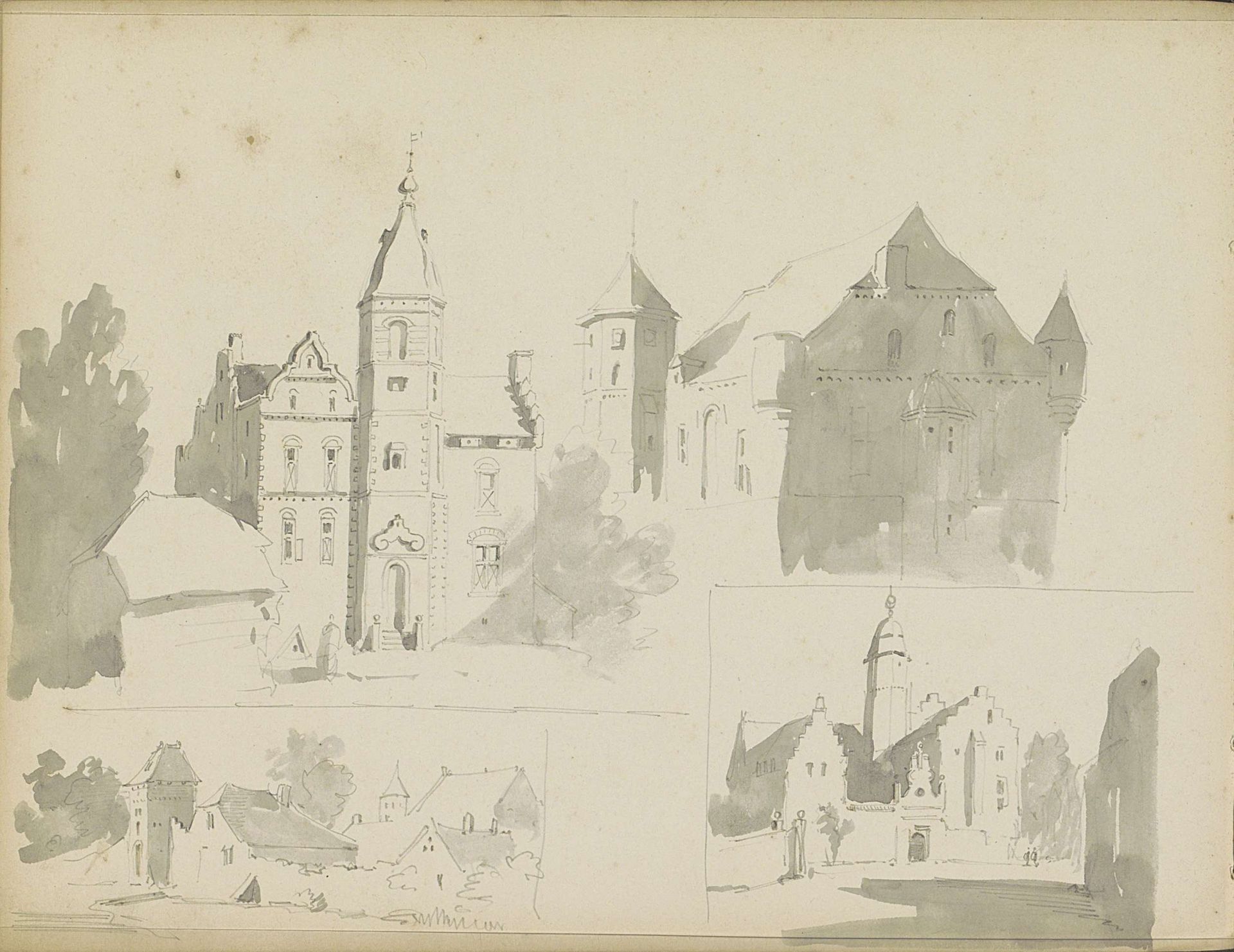 Studieblad met gebouwen by Adrianus Eversen