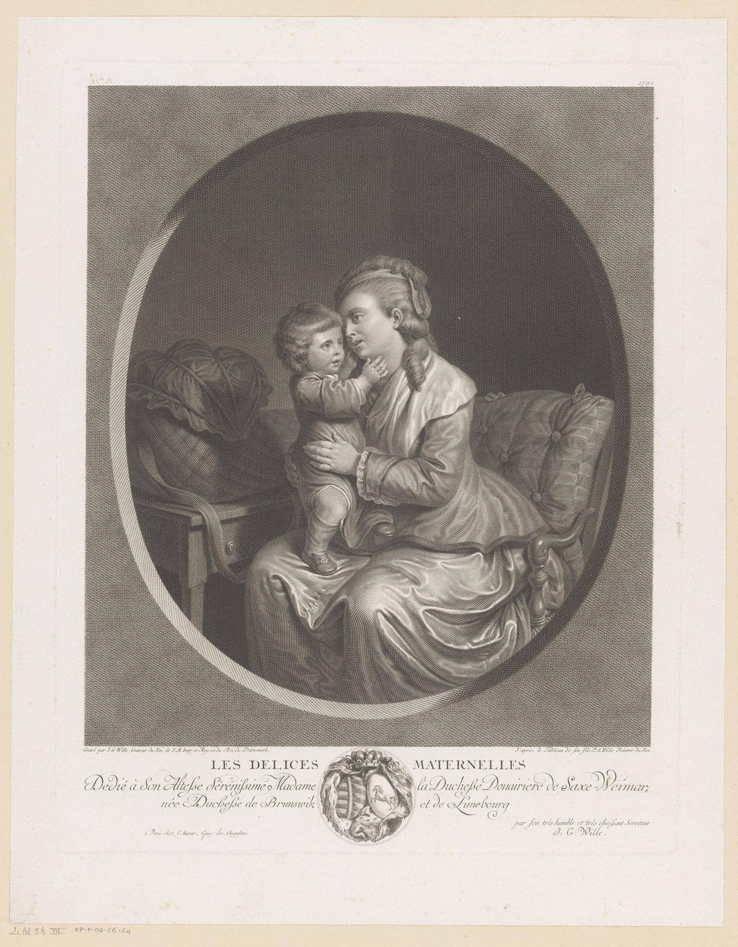 Vrouw met een kind op schoot by Johann Georg Wille