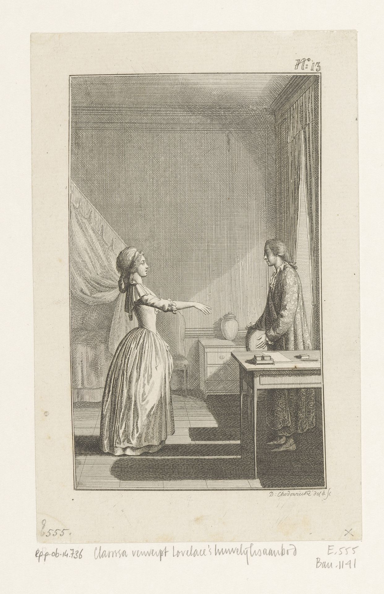 Clarissa verwerpt het huwelijksaanzoek van Lovelace by Daniel Nikolaus Chodowiecki