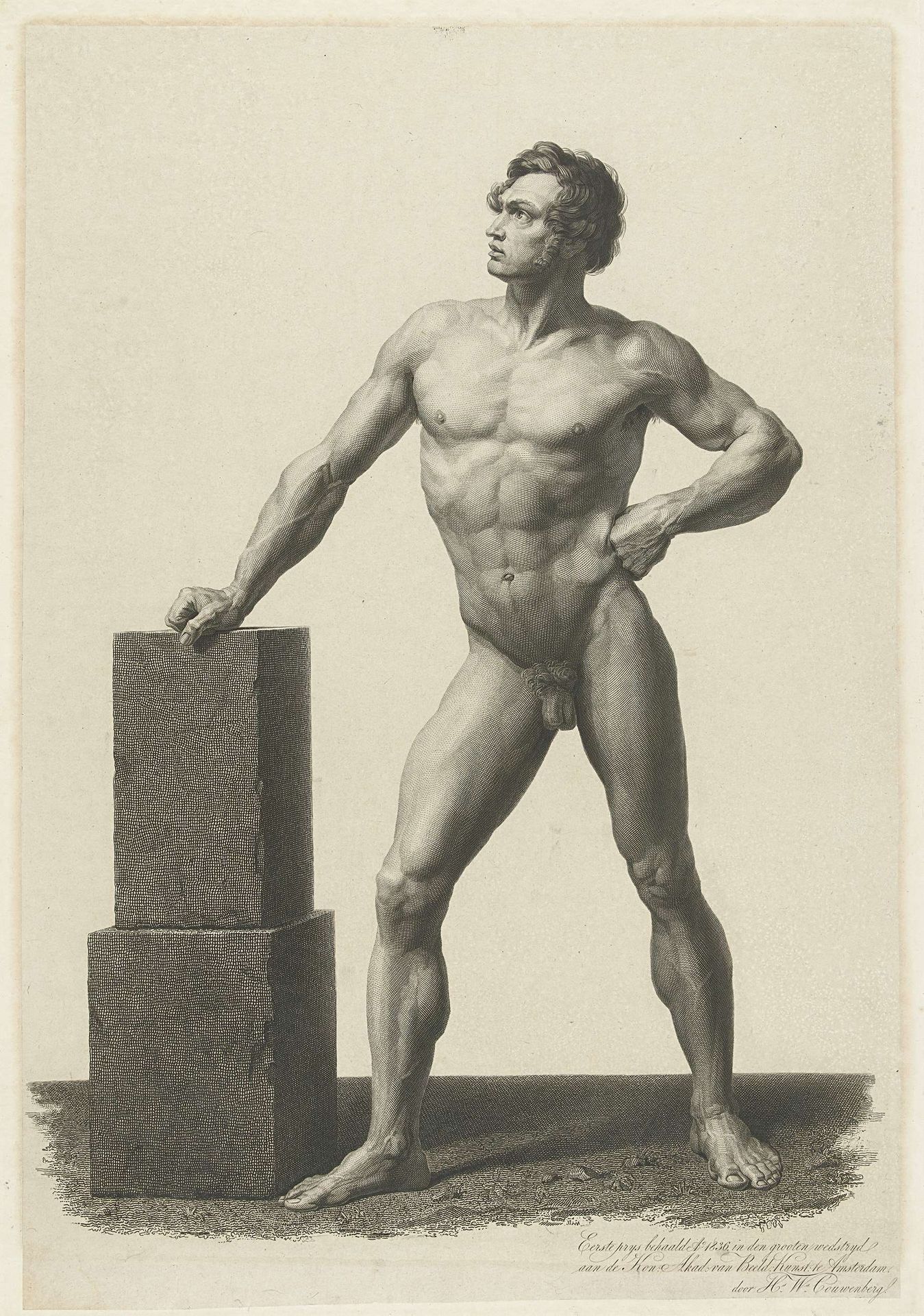 Naakte man, met de rechterhand op een stenen blok leunend by Henricus Wilhelmus Couwenberg