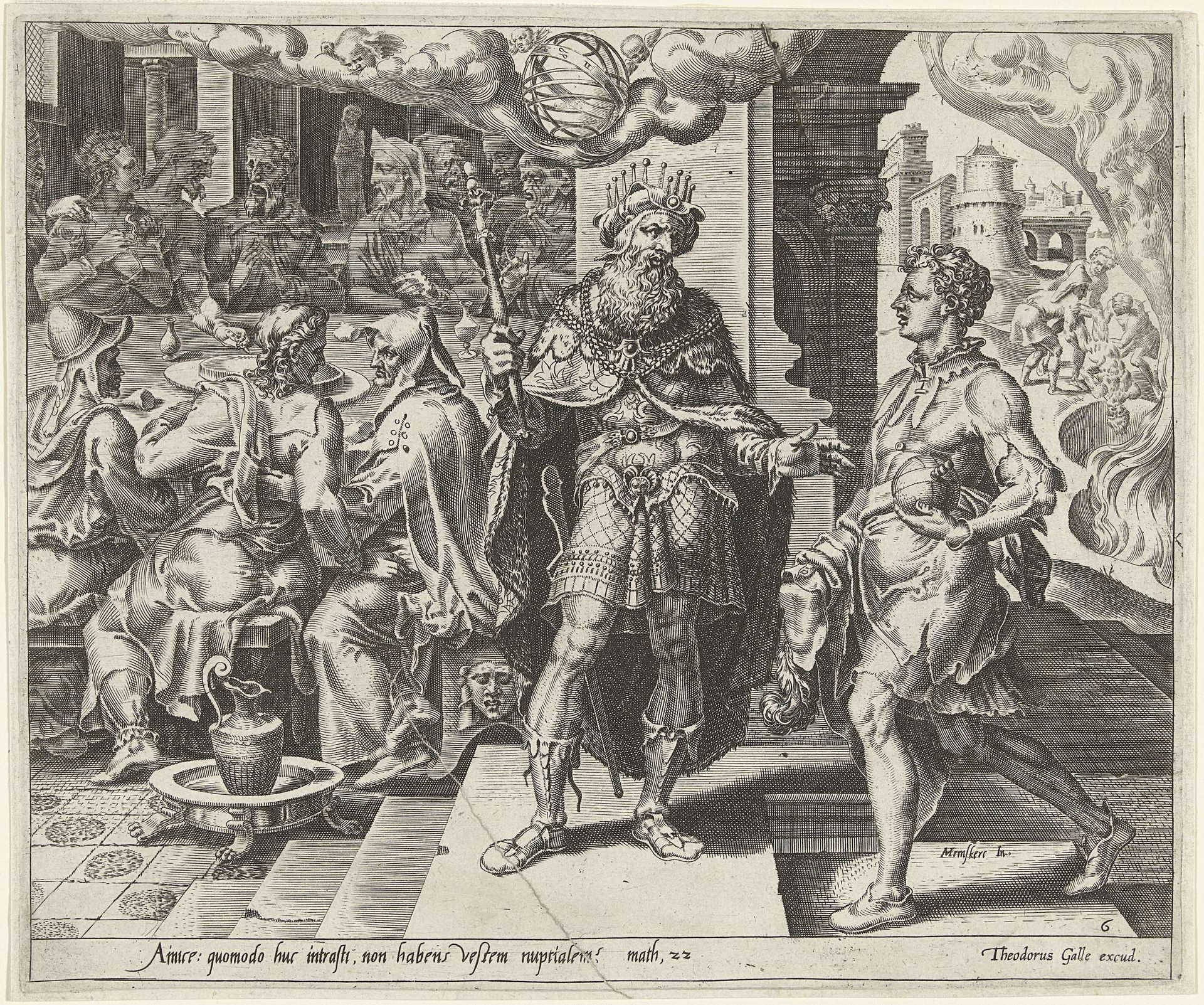 Bestraffing van de man zonder bruiloftskleding by Dirck Volckertsz Coornhert