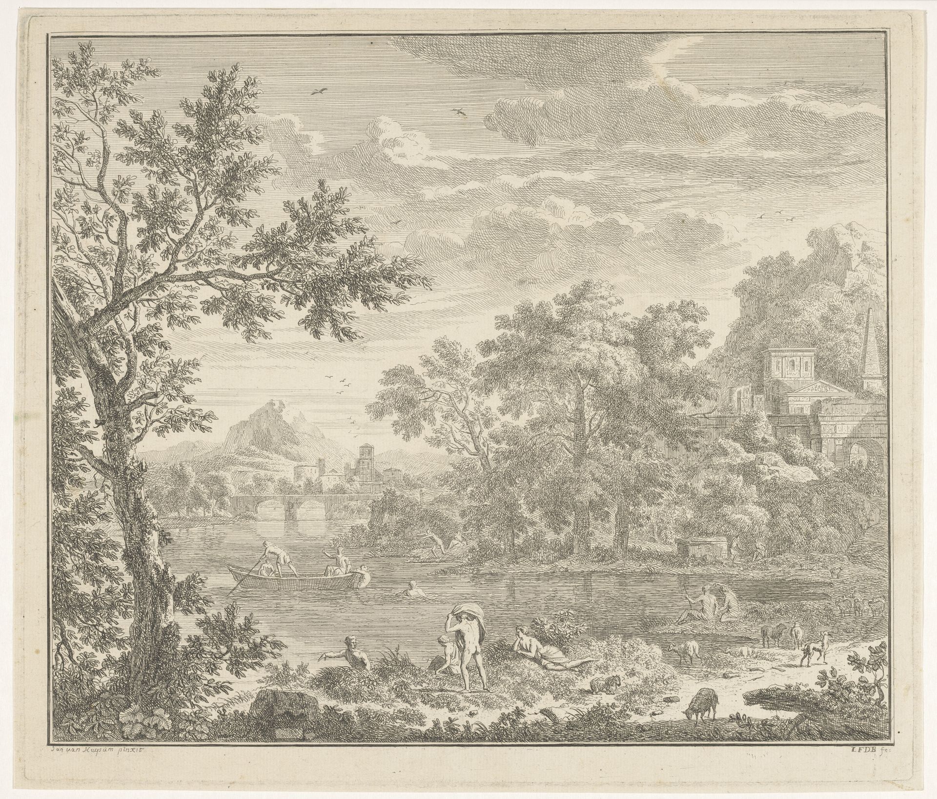 Arcadisch landschap met badende mensen by Louis Fabritius Dubourg