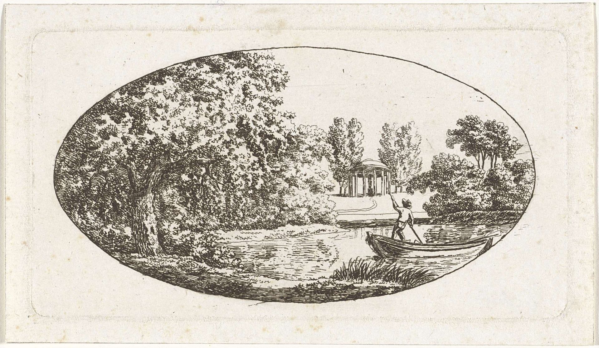 Vijver met aan de overzijde een tempel met beeld by Johan Christiaan Willem Safft