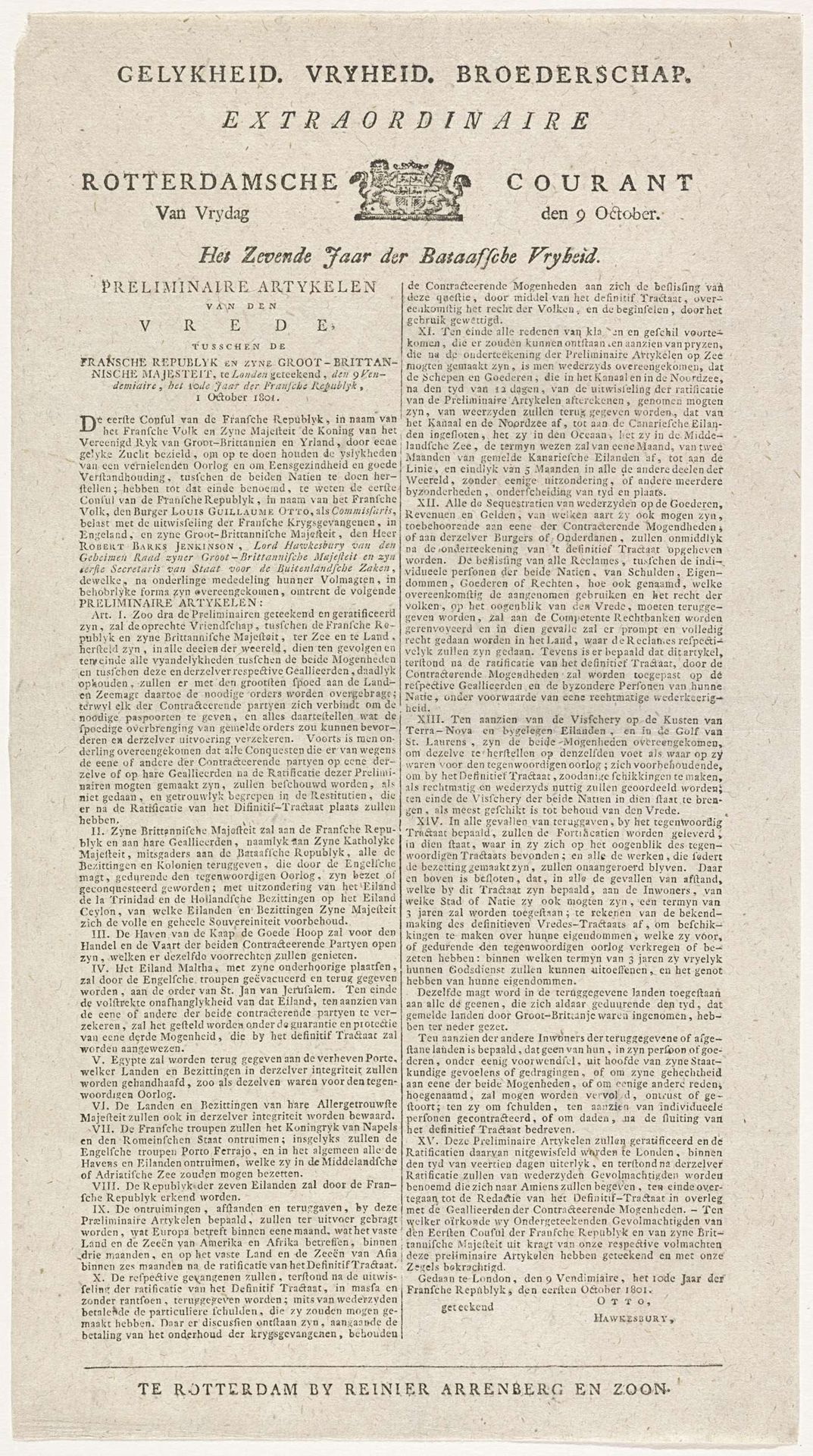 Extraordinaire Rotterdamsche Courant van 9 oktober 1801 by Reinier Arrenberg
