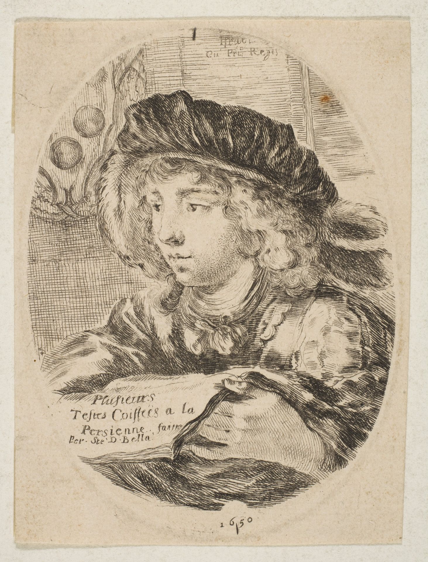 A bust of a young man wearing a cap with feathers, turned three-quarters to the left, the coat of arms of the Grand Duke of Tuscany in top left, title page from 'Several heads in the Persian style' (Plusieurs têtes coiffées à la persienne) by Stefano della Bella