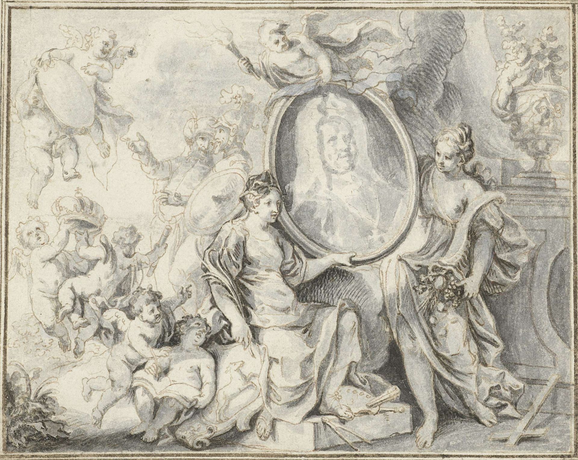 Mansportret in medaillon omgeven door allegorische figuren by Gottfried (II) Eichler