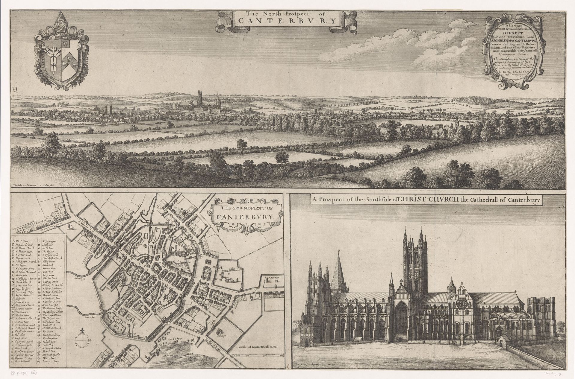 Plattegrond en gezicht op Canterbury en Kathedraal van Canterbury by Wenceslaus Hollar