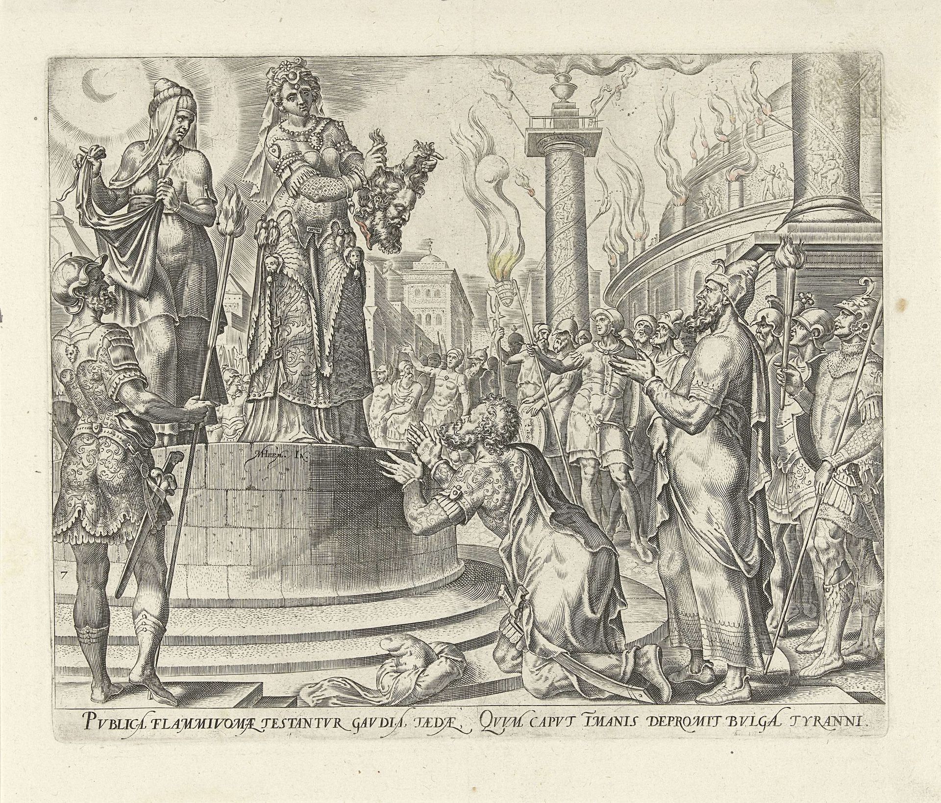 Judit toont het hoofd van Holofernes aan het volk by Philips Galle