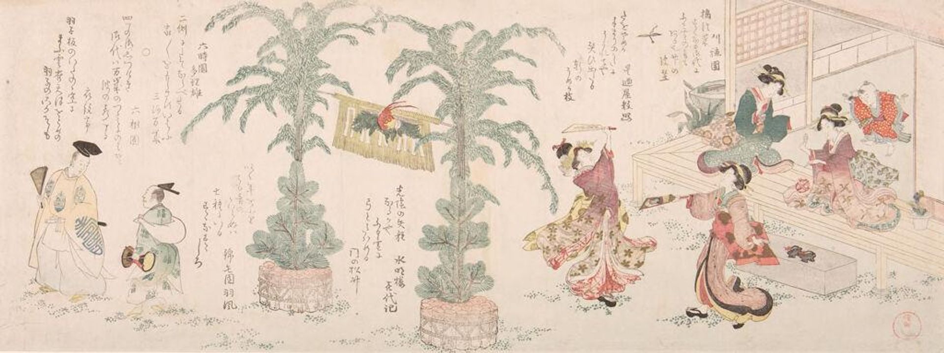 New Year's Festivities including Hagoita Game, Bamboo and Pine Decorations (Kadomatsu) and Manzai Dancers, with poems by Rokujuen, Emontei and associates by Kubo Shunman