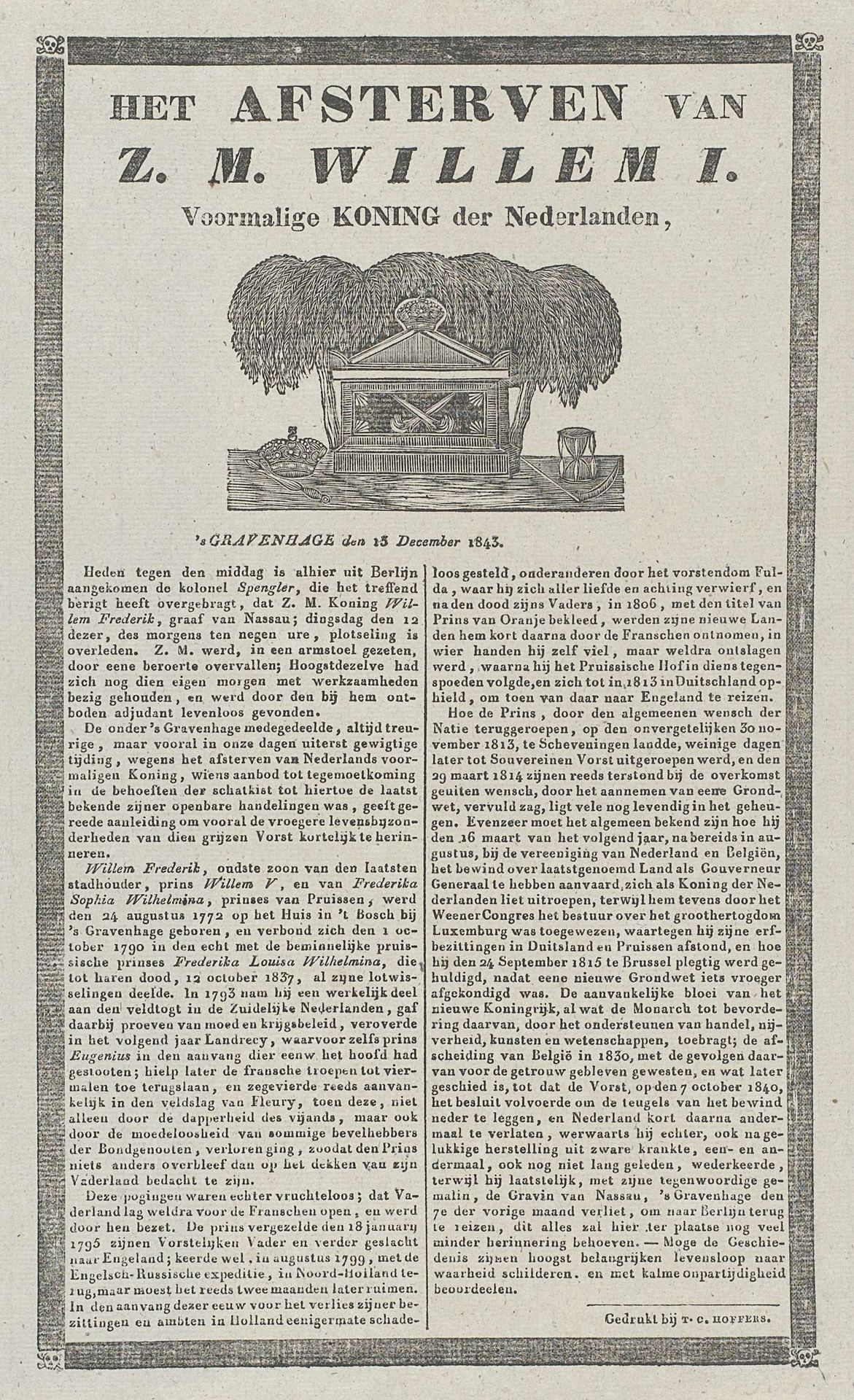 Het Afsterven van Z.M. Willem I. Voormalige Koning der Nederlanden by T.C. Hoffers