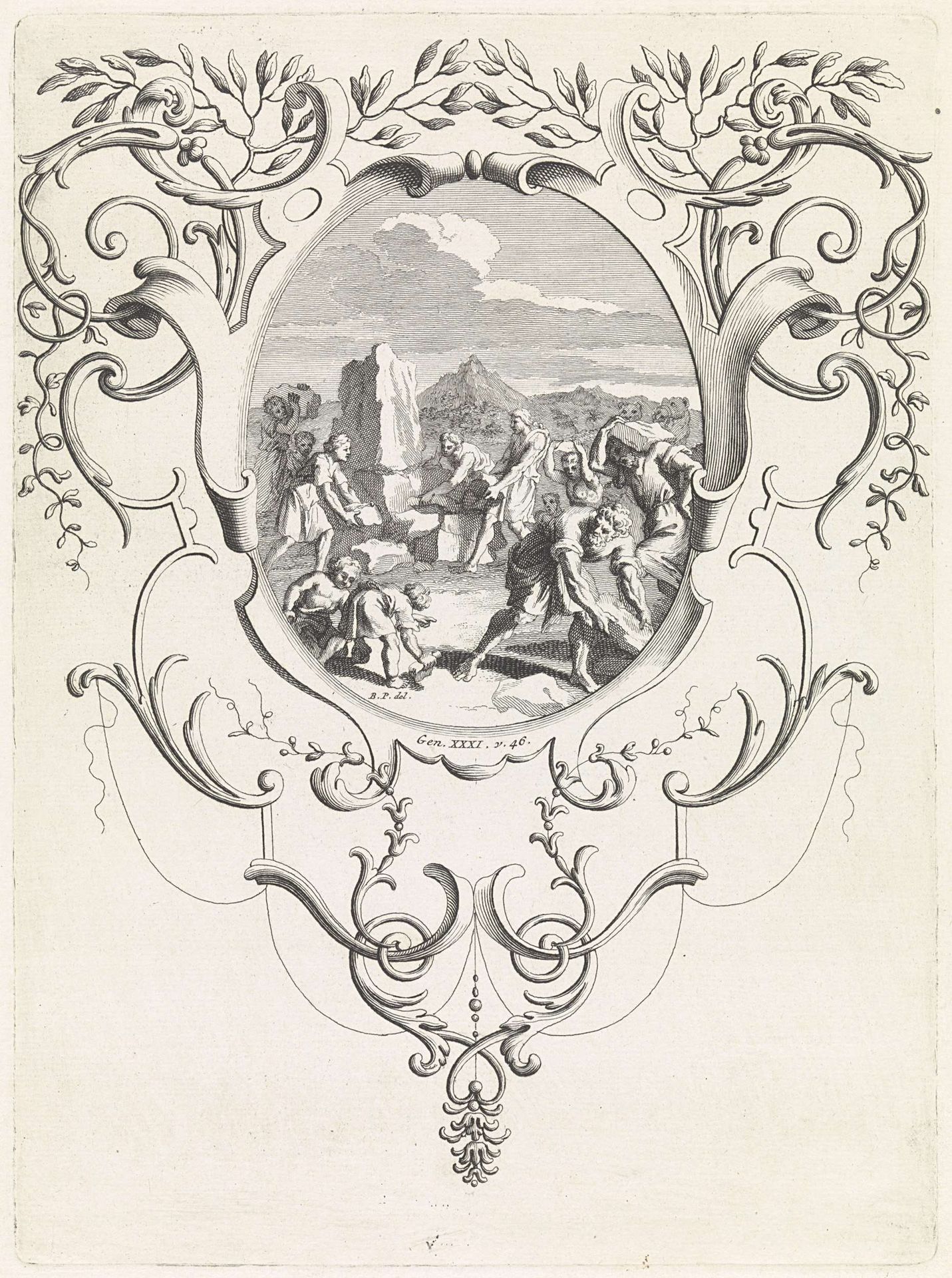 Jakob en Laban richten een gedenksteen op by Bernard Picart